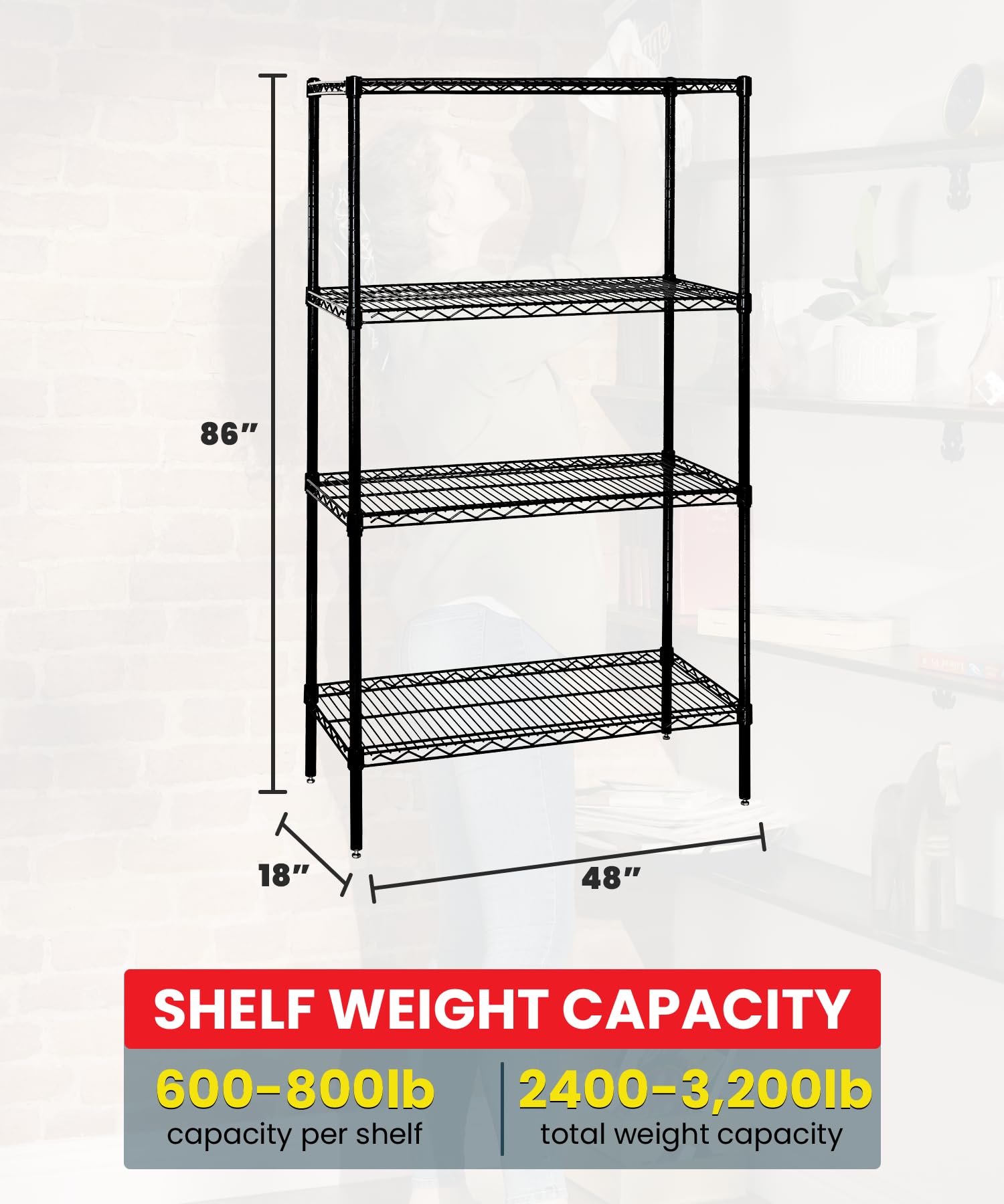 Quantum Storage Systems WR86-1848BK Black Epoxy Wire Shelves Starter Kit - 4 Shelves 86