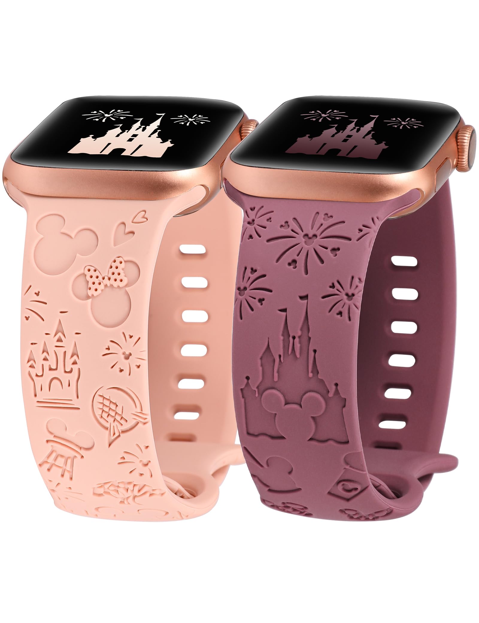 **Girovo 2-Pack Cartoon Engraved Apple Watch Bands 38mm 40mm 41mm 42mm - Soft Silicone Strap for iWatch Series 10/9/8/7/6/5/4/3/2/1/SE/Ultra 2 - Cute Anime Design in Pink & Smoke Violet - Perfect for Women, Kids & Daily Wear**