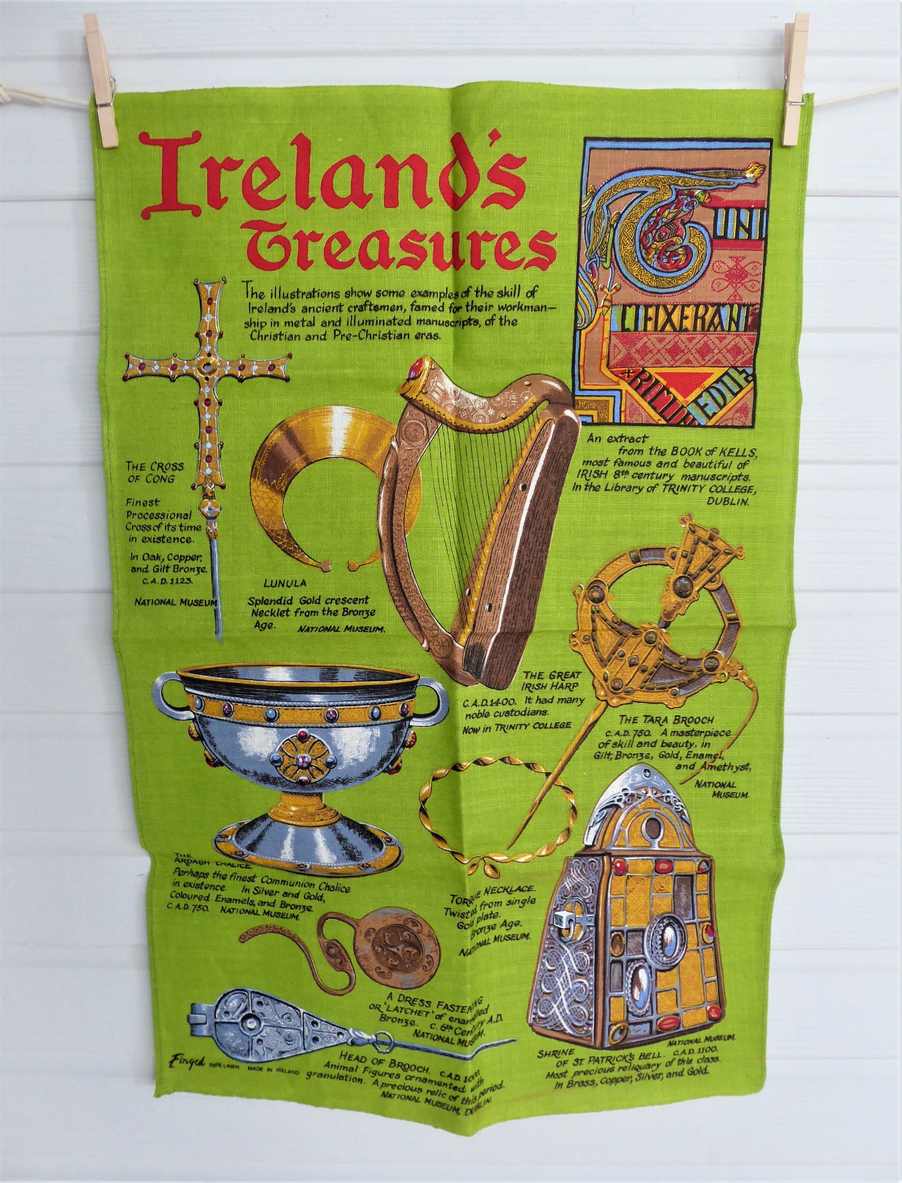 Premium Irish Linen Dish Towel & Tea Towel Set - Authentic Ireland Treasures Design with Tara Brooch & Ardagh Chalice in Emerald Green - Perfect for Kitchen, Dining & Irish-Themed Home Decor