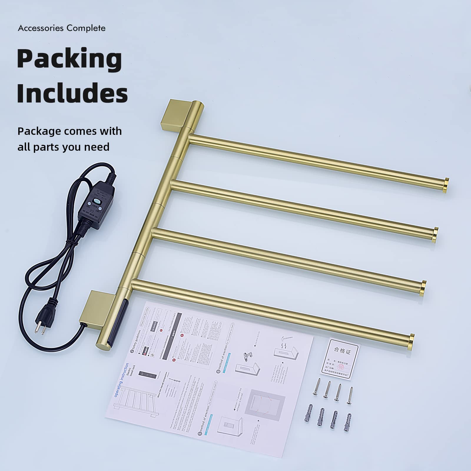 TRUSTMI 4-Arm Swivel Electric Towel Warmer Rack - Built-in Timer & Temperature Indicator, Wall Mounted Plug-in Heated Towel Rack for Bathroom (Brushed Gold) - Perfect for Spa, Luxury Hotels & Cozy Home Bathrooms