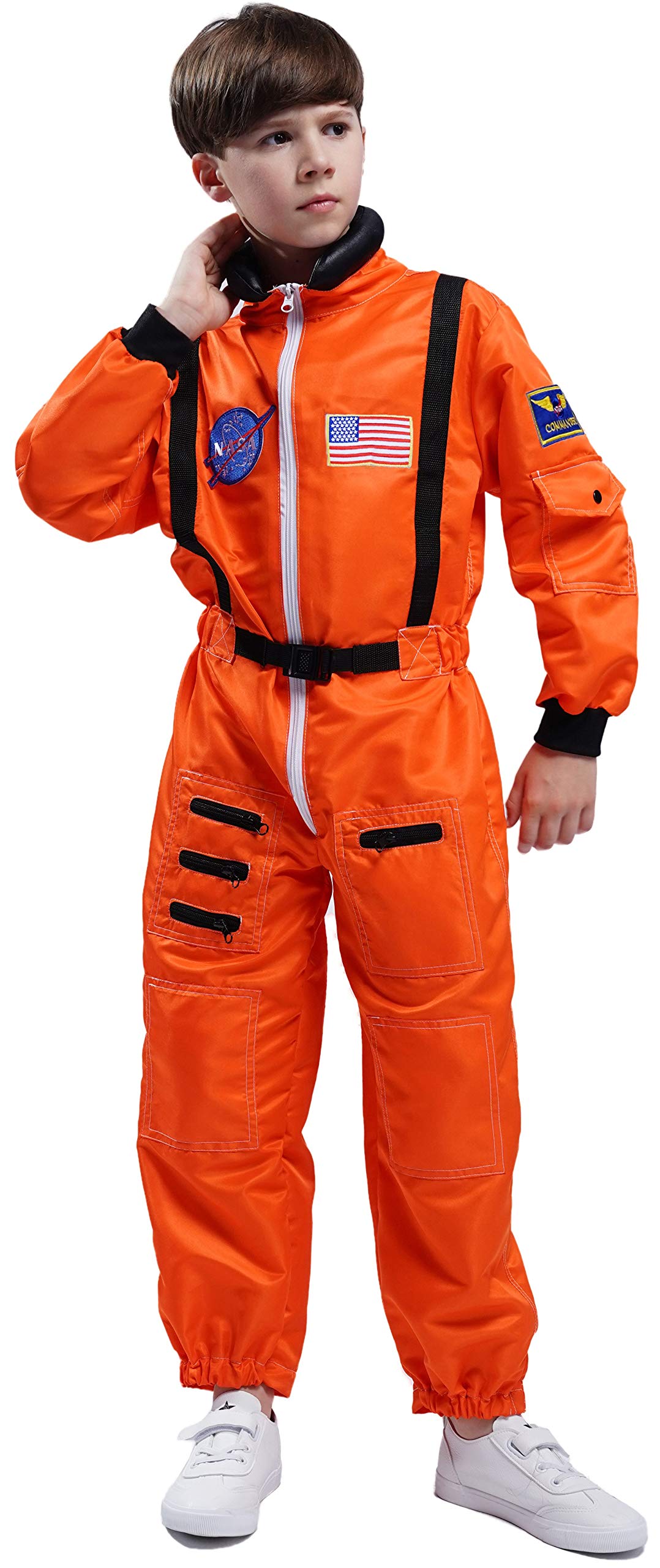 Kids Astronaut Costume Space Suit Onesie - Embroidered NASA Patches & Pockets - Halloween Dress Up, Birthday Party, Space Theme Cosplay - Orange (Size 4/6) for Toddlers & Boys