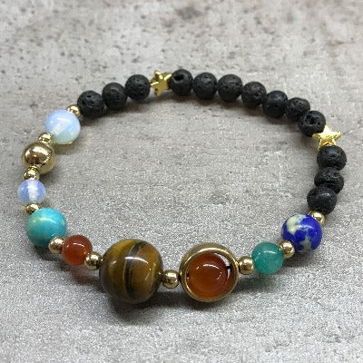Lava Stone Bracelet with Gold Solar System Charm - Adjustable Beaded Bracelet for Men & Women - Perfect for Yoga, Meditation & Spiritual Healing