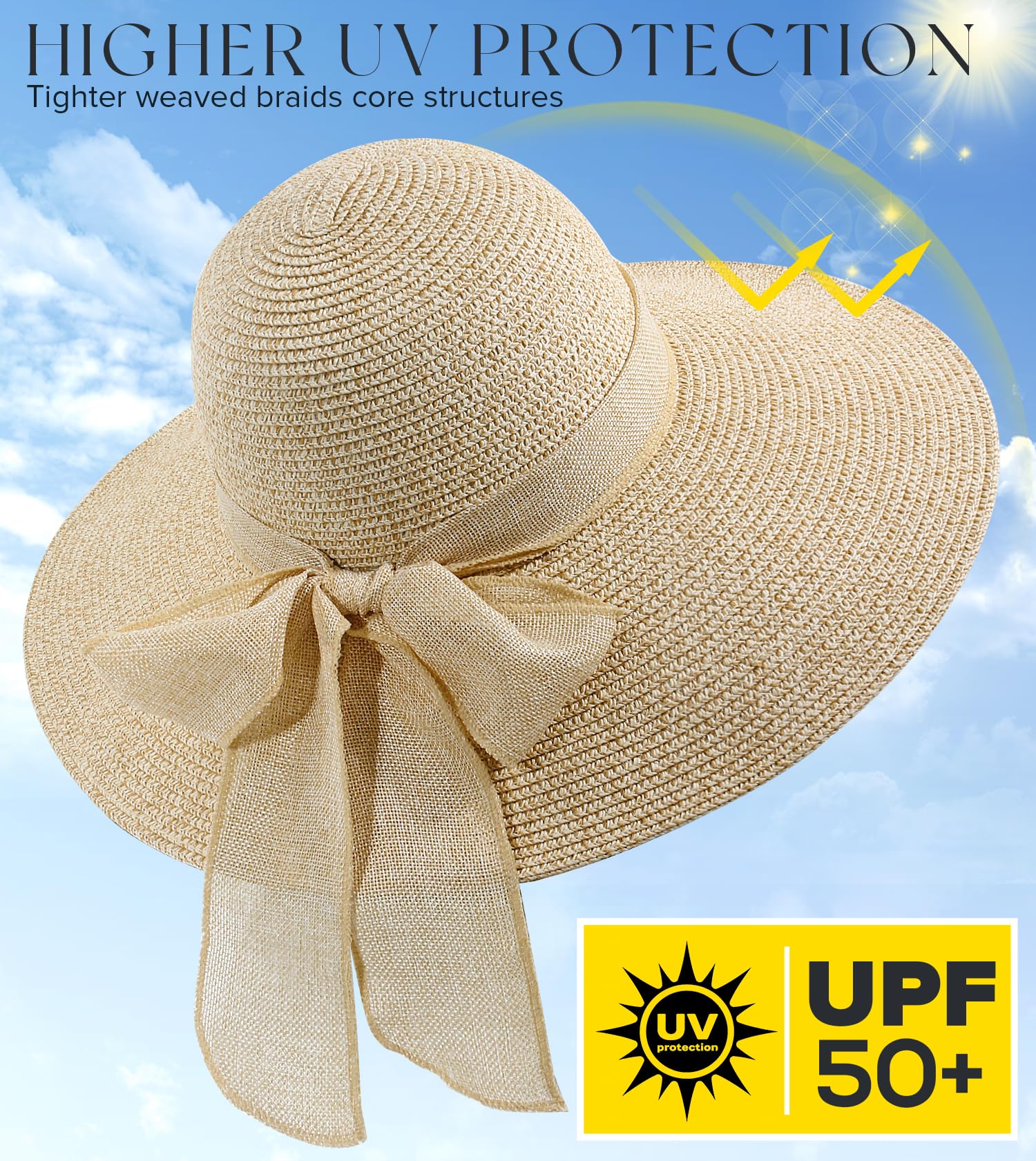 Women's Wide Brim Straw Sun Hat - Packable Floppy Beach Hat for Summer, Outdoor & Garden Wear - Perfect for Vacations, Poolside Lounging, and Sun Protection