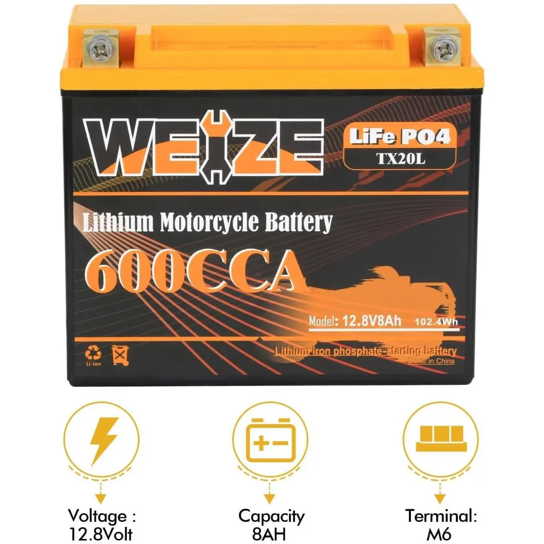 WEIZE 12V 8AH Group 20 600CCA LiFePO4 Lithium Battery for Motorcycles, ATVs, Scooters - High Performance & Long Lasting Power Solution for Outdoor Adventures