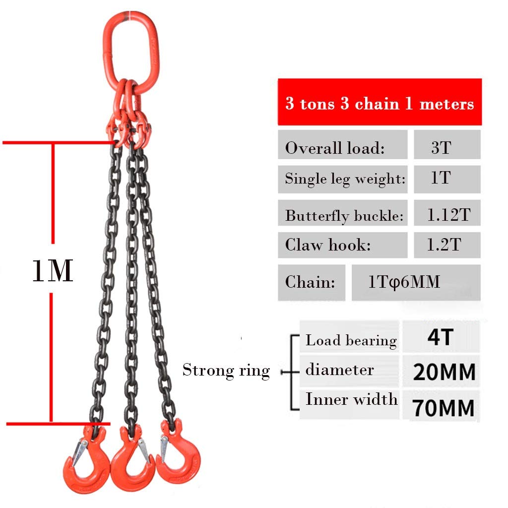 Heavy Duty 3 Leg Chain Sling with Grab Hooks - 3 Ton Capacity (1m Chain Length) - for Lifting Machinery, Construction & Industrial Use - Durable Equipment for Warehouse, Rigging & Material Handling