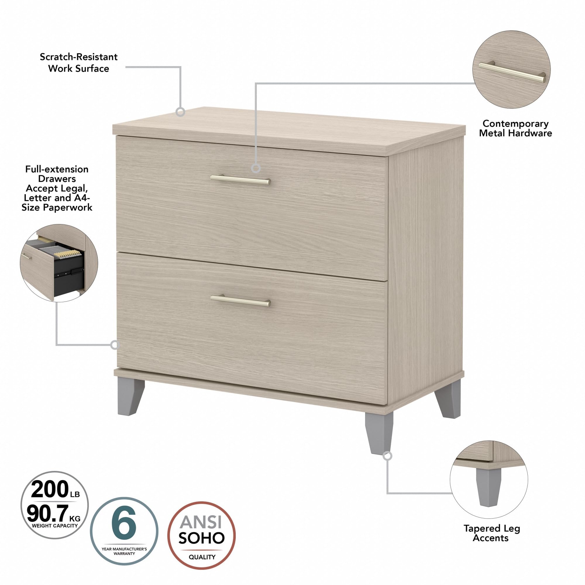 Bush Furniture Somerset 2-Drawer Lateral File Cabinet in Sand Oak - Office Storage Solution for Home & Business Organization