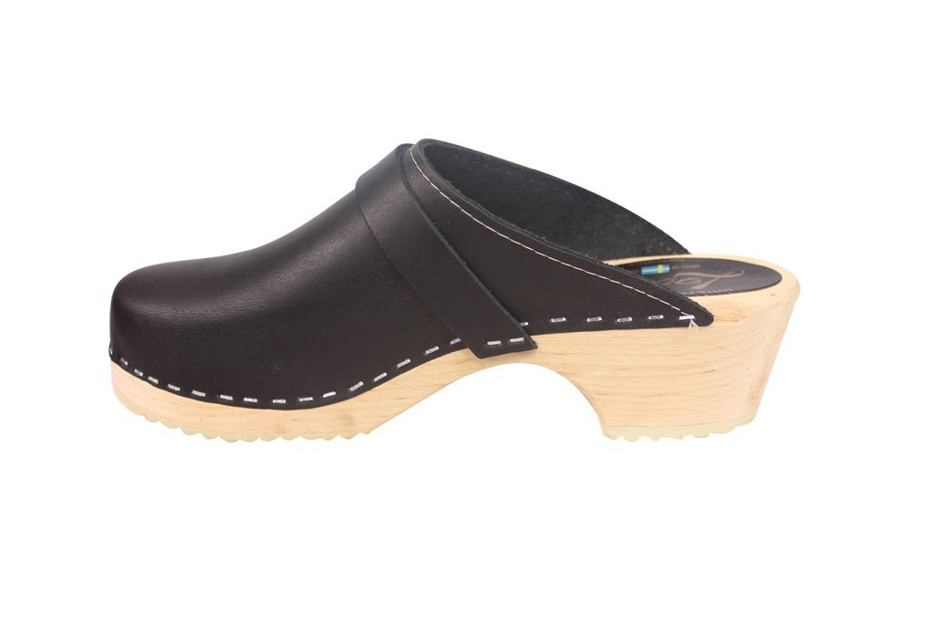 Swedish Classic Wooden Clogs for Women - Handmade Genuine Leather Slip-On Mules with Supportive Wood Base | Comfortable Low Heel Clogs | Perfect for Garden, Home & Casual Wear | Black