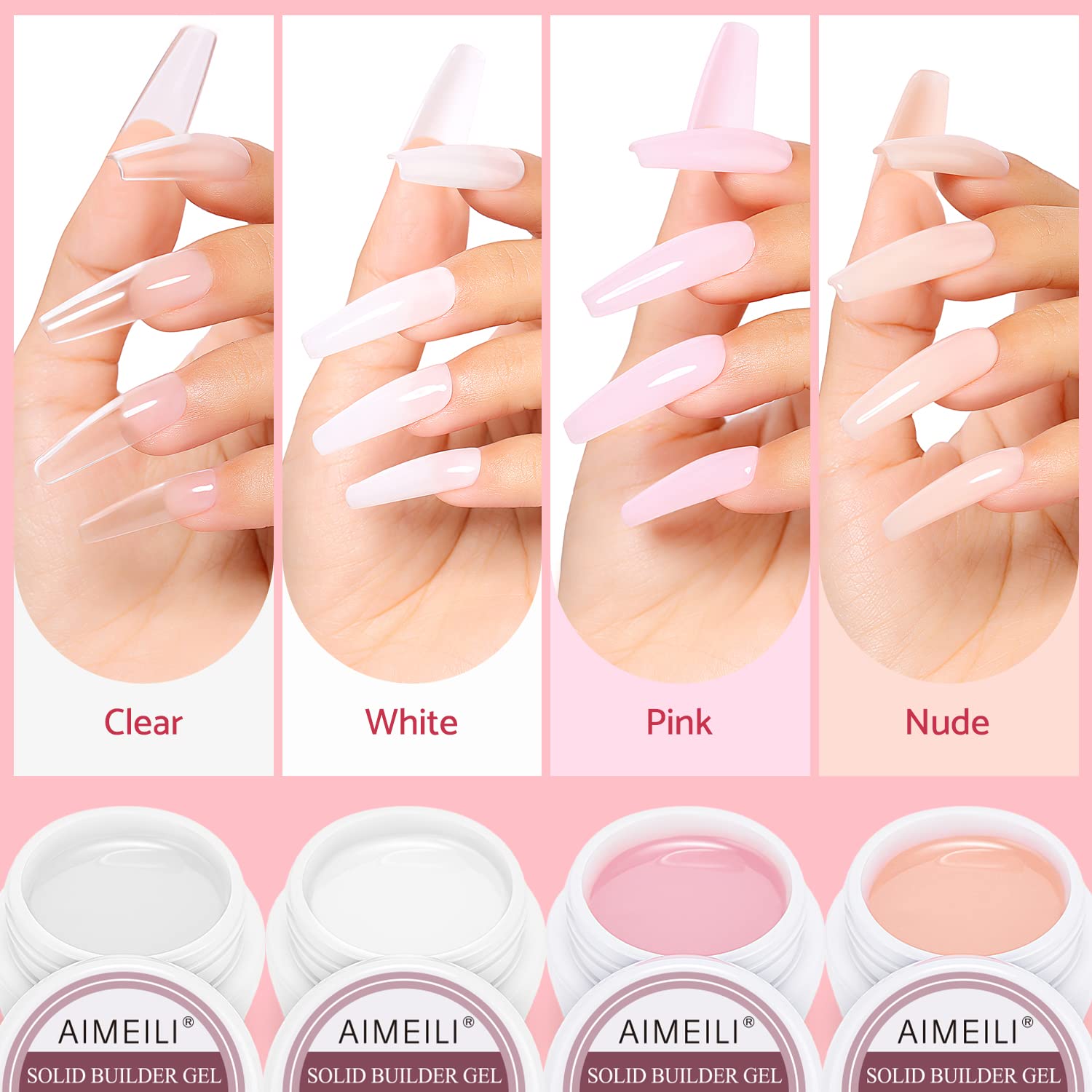 AIMEILI Hema-Free Solid Builder Nail Gel Kit - 4 Colors Nail Extension Gel with 2-in-1 Pen Brush, 100pcs Clear Dual Nail Forms & 10pcs Nail Tips Guide Stickers - Perfect for DIY Nail Art, Salon Extensions & At-Home Manicures