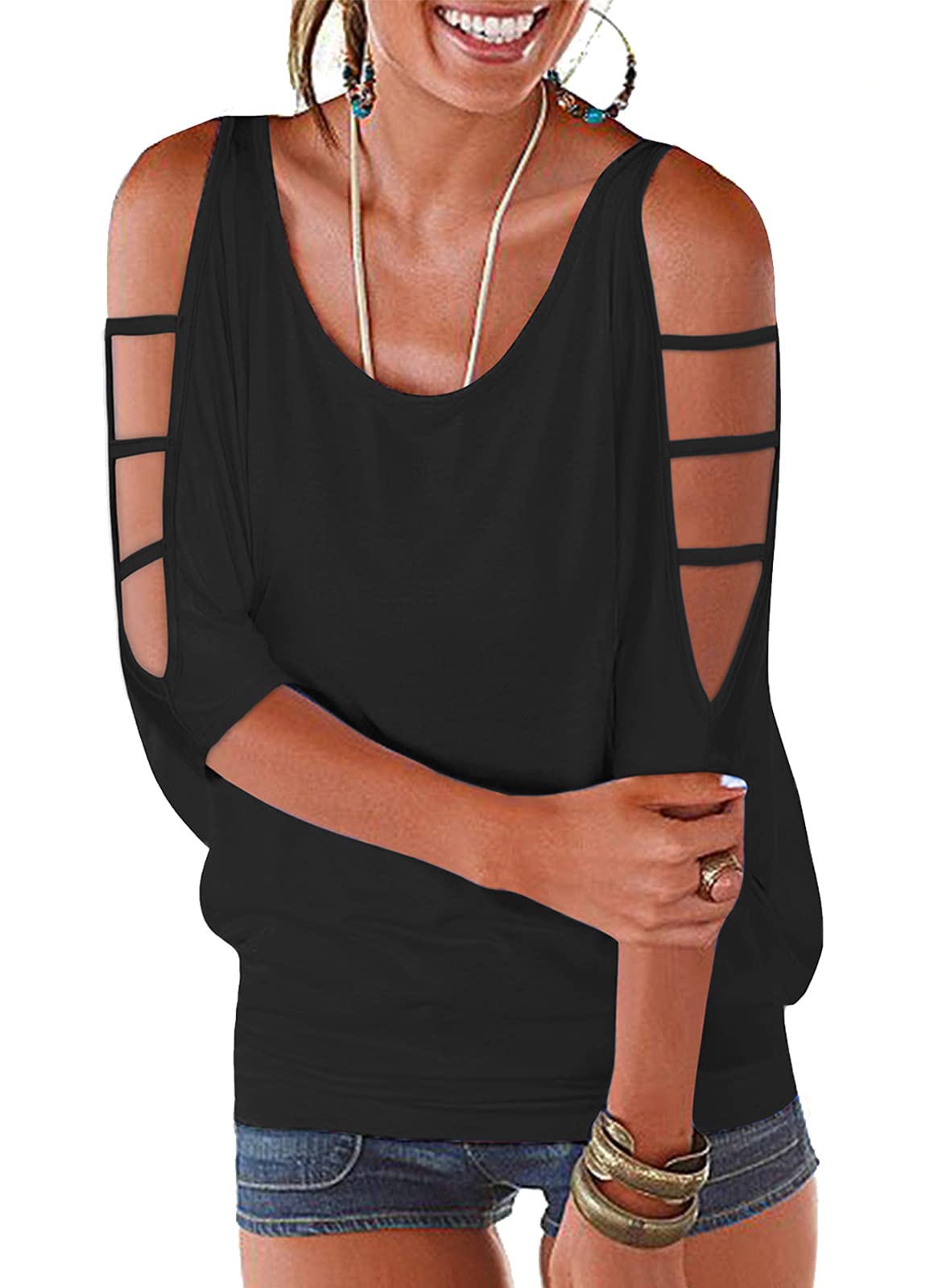 Women's Summer Cold Shoulder Tops 3/4 Sleeve T-Shirts - Casual Pullover Dolman Blouses for Beach, Vacation & Everyday Wear