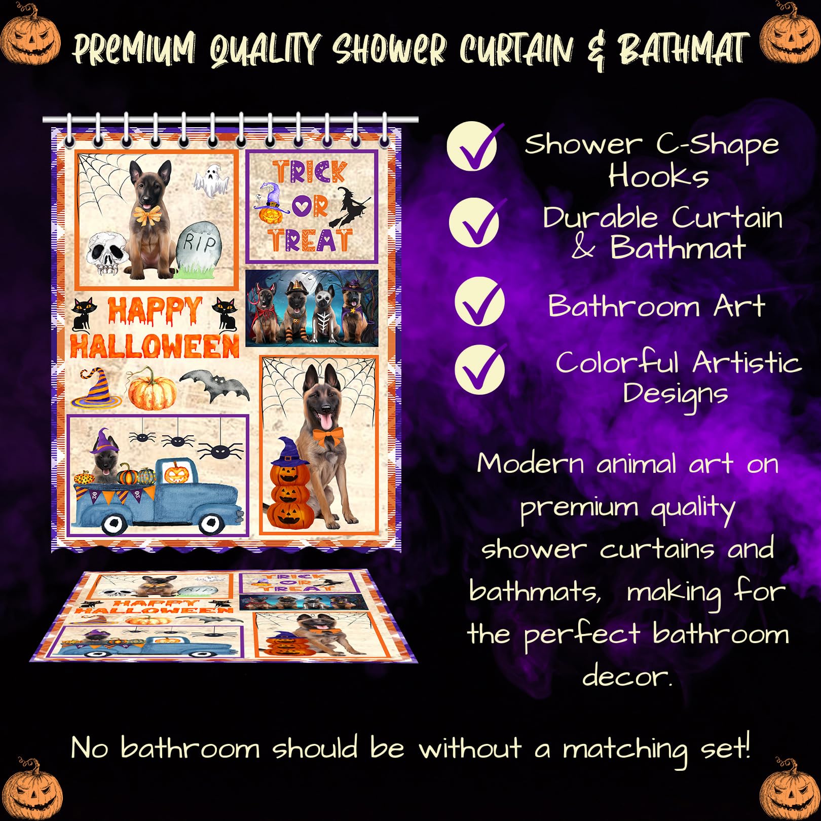 Halloween Trick or Treat Belgian Malinois Dog Bath Mat & Shower Curtain Set - Non-Slip Bathroom Decor, Plush Rug & Polyester Bathtub Curtain with Hooks (Mat 20