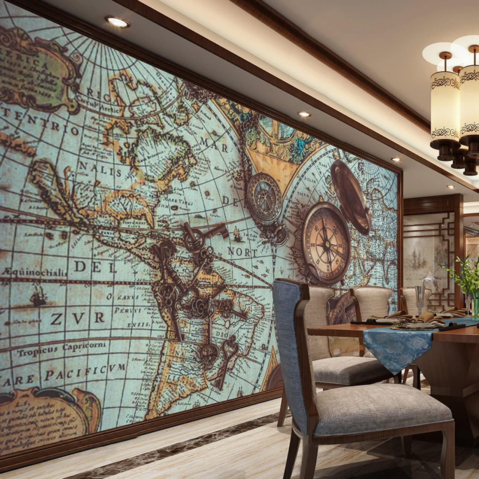 World Map Wall Mural - Large Peel and Stick Wallpaper with Compass Design for Bedroom, Living Room, Dining Room & Office Decor - 118