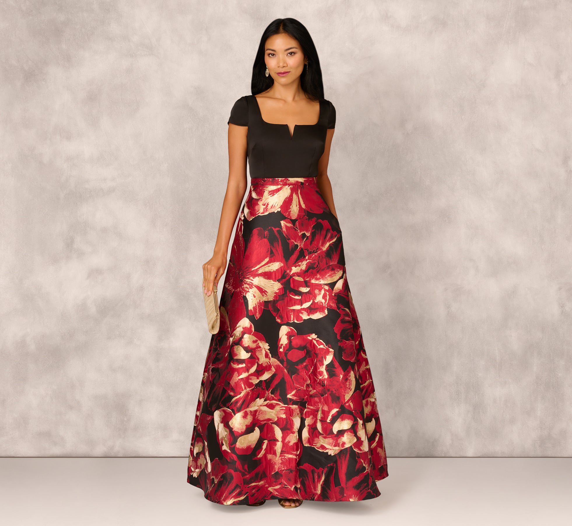 Black & Red Multi-Color Combo Fabric Cap Sleeve Gown - Elegant Evening Dress for Parties, Weddings & Special Occasions