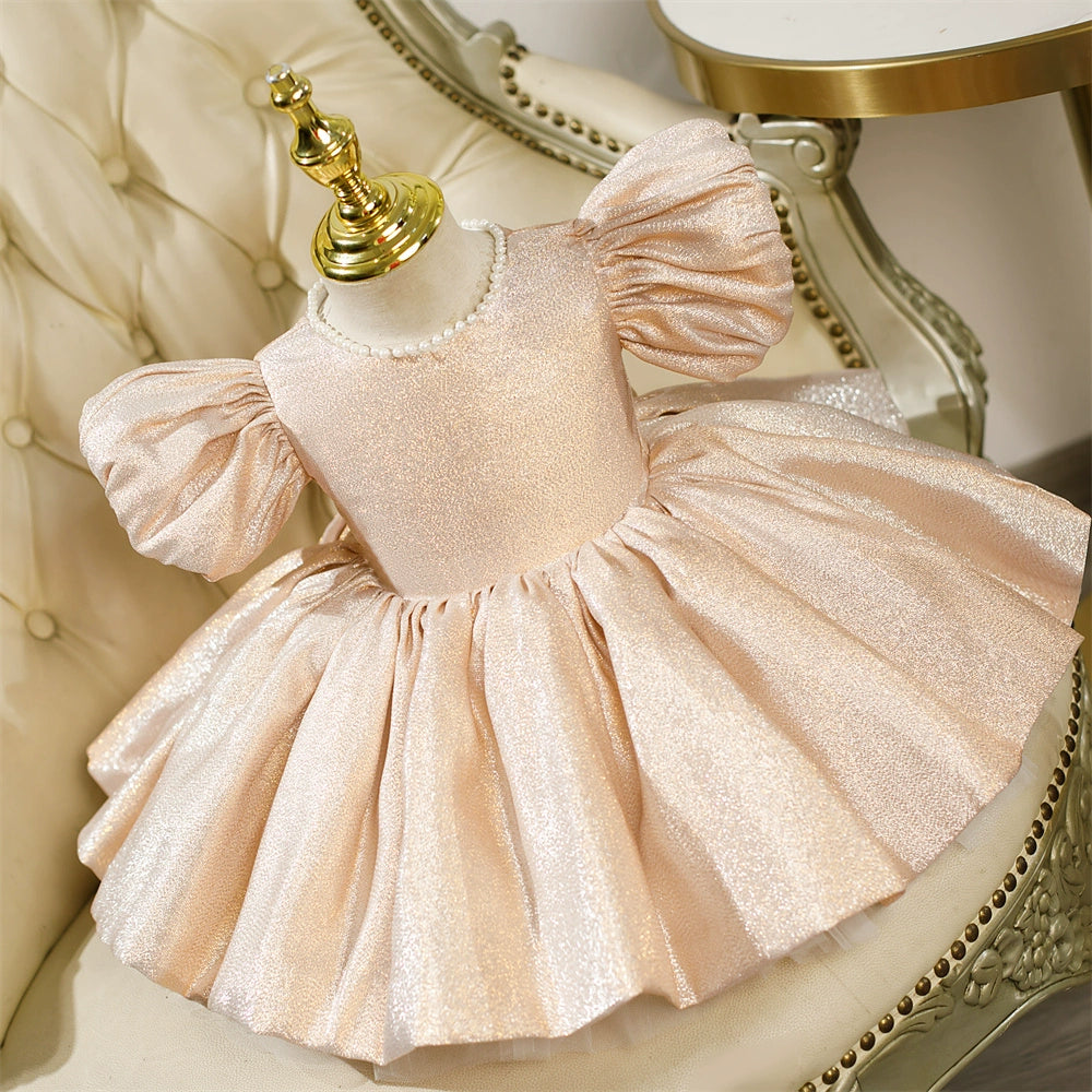 Champagne Princess Jewel Neck Tea-Length Satin Flower Girl Dress for Weddings, Pageants & Special Occasions