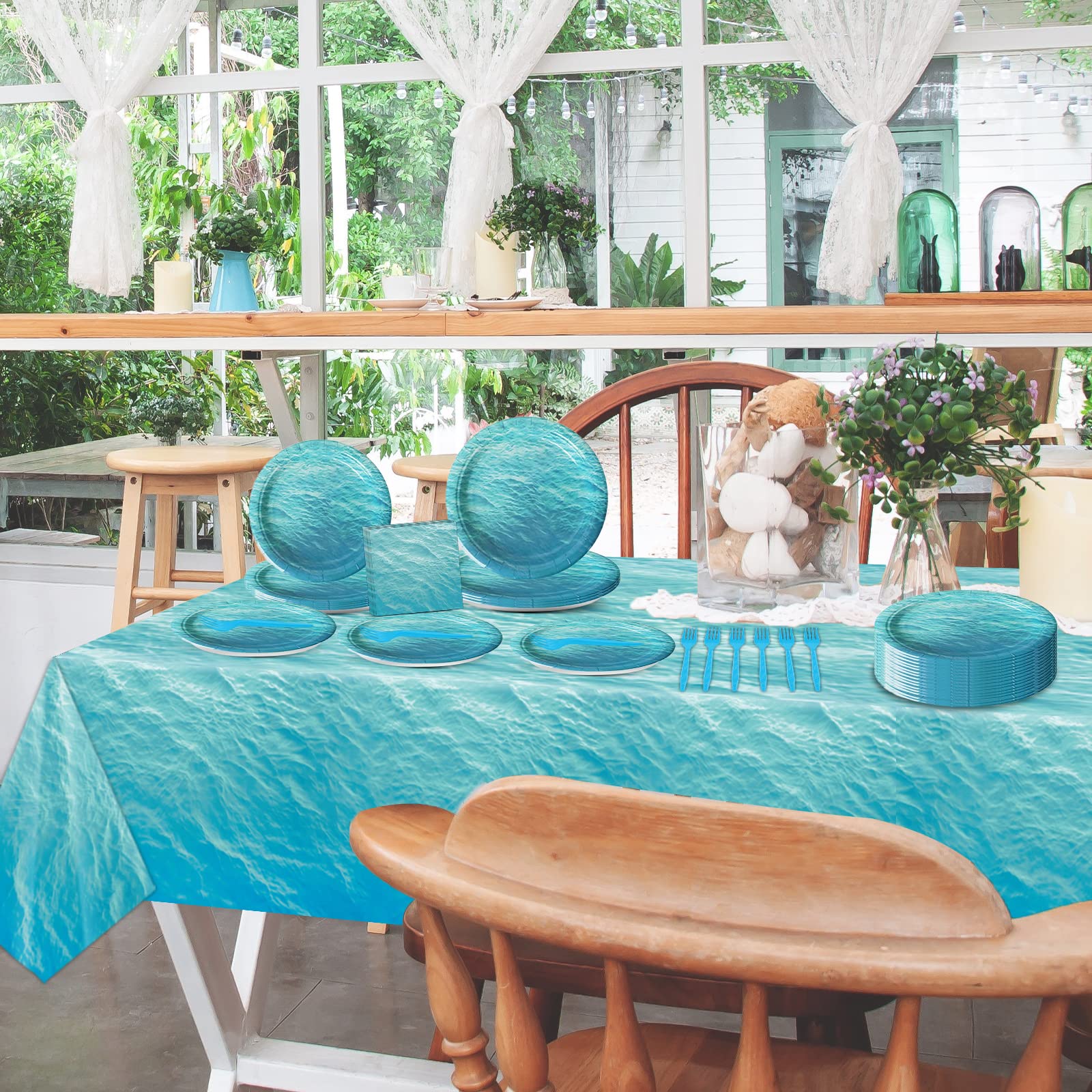 98-Piece Ocean Sea Party Supplies Set - Ocean Waves Party Plates, Tablecloth, Tableware, Paper Forks & Napkins for 24 Guests - Perfect for Beach Themed Parties, Birthday Celebrations & Summer Events