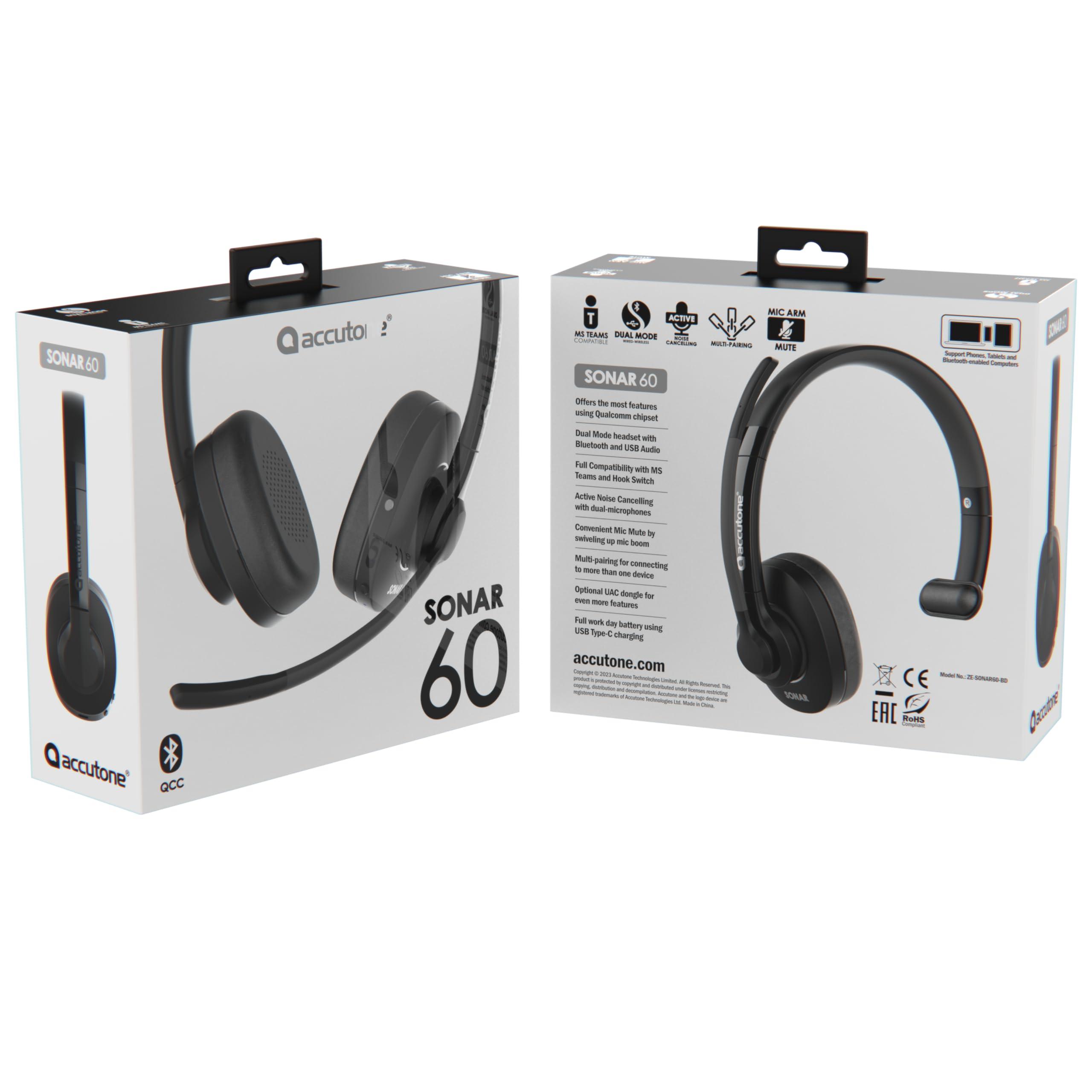 Sonar 60 Dual Bluetooth & USB Wired Headset - Noise Cancelling Mic, Long Battery Life for PC, Mac & Smartphones | Compatible with MS Teams, Skype, Zoom | Perfect for Remote Work, Online Meetings & Gaming