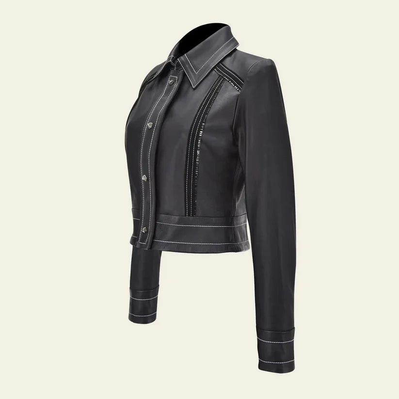 Cuadra Black Western Fashion Lambskin Leather Jacket for Women - Stylish Cowgirl Look for Rodeo, Parties & Everyday Wear