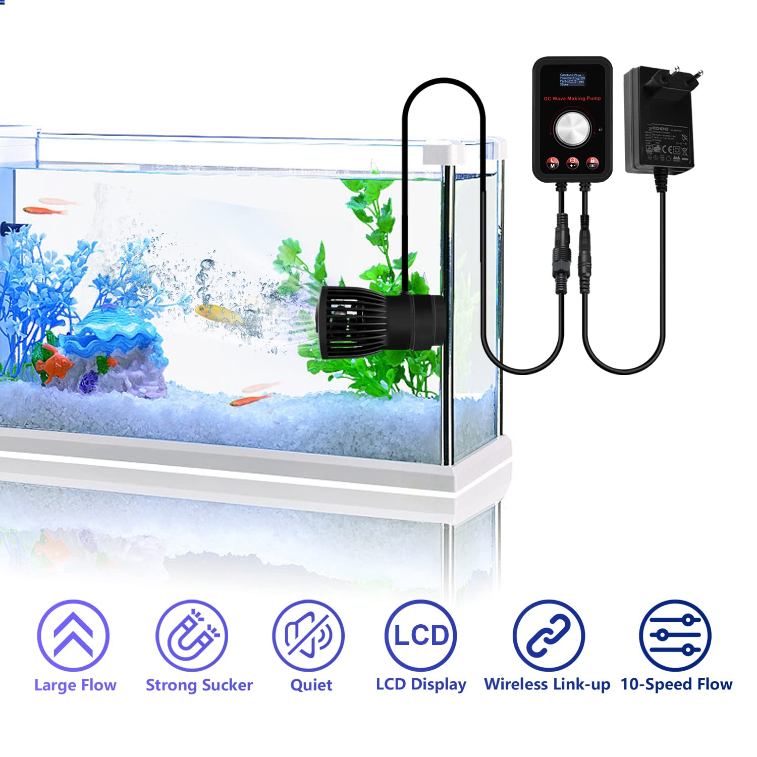 520-2600GPH 15W Aquarium Wave Maker Pump - 24V DC Fish Tank Powerhead with Ultra Quiet Sine Wave Technology - High Flow Water Circulation for Freshwater & Saltwater Tanks - Perfect for Reef, Coral, and Marine Aquariums