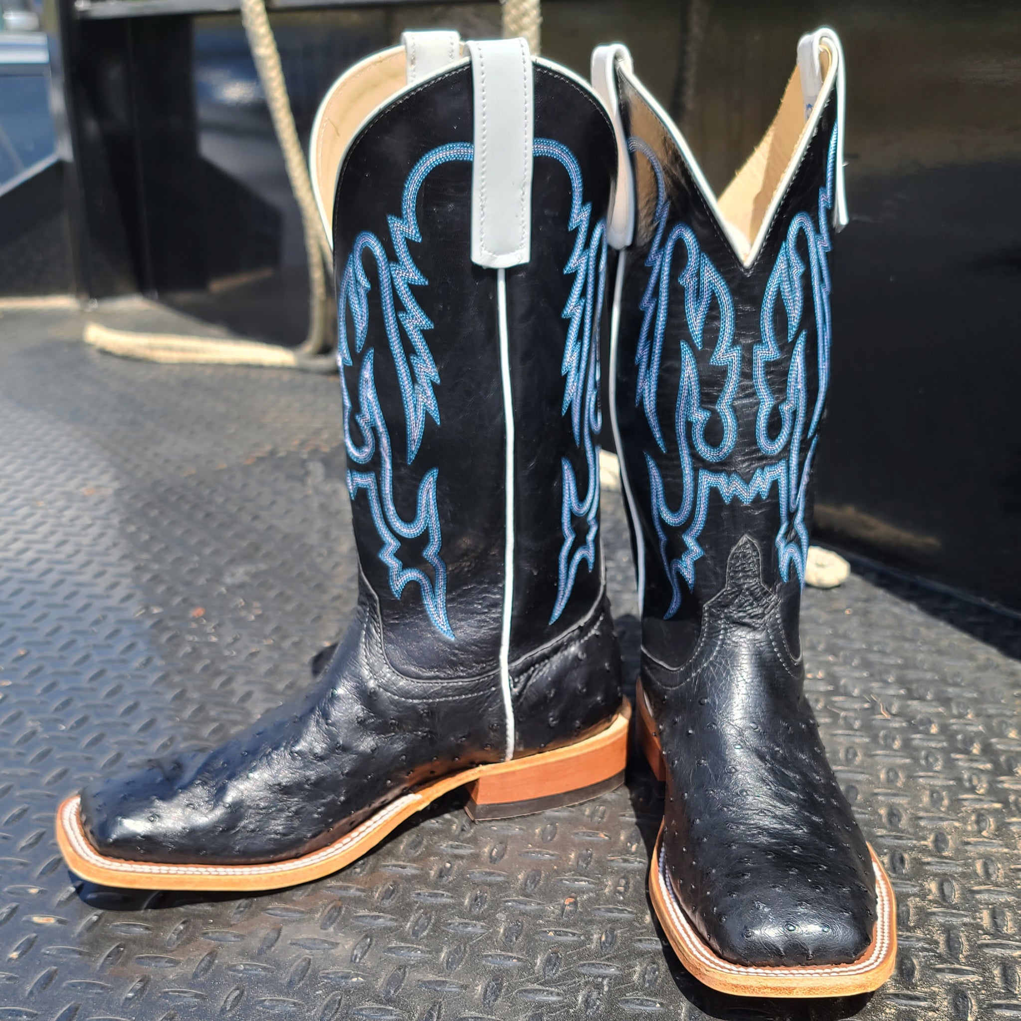 Anderson Bean Men's Black Ostrich Leather Cowboy Boots - Premium Western Boots for Men, Comfortable Riding & Country Style Fashion