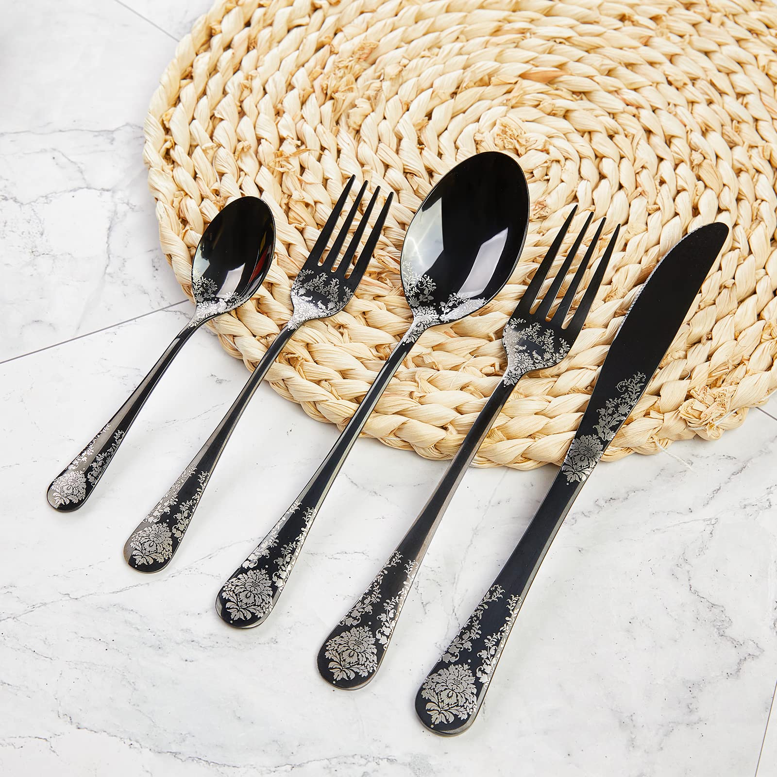 20-Piece Stainless Steel Flatware Set - Black Silverware Cutlery Set with Flower Pattern Handle for 4 People, Mirror Polished Kitchen Utensils for Dining, Parties, and Everyday Use