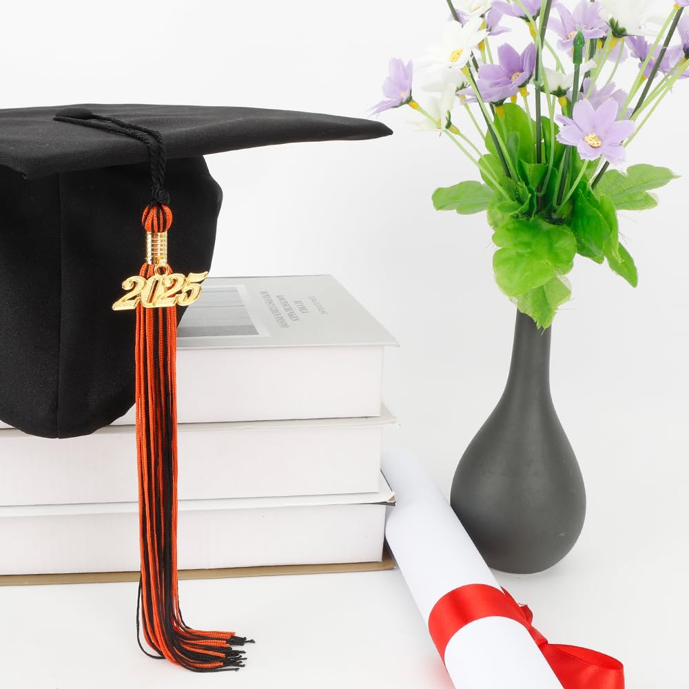 2025 Graduation Tassel with Gold Charm - Black & Orange Cap Tassel for Graduation Ceremony, Party & School Events - Class of 2025 Commencement Accessories
