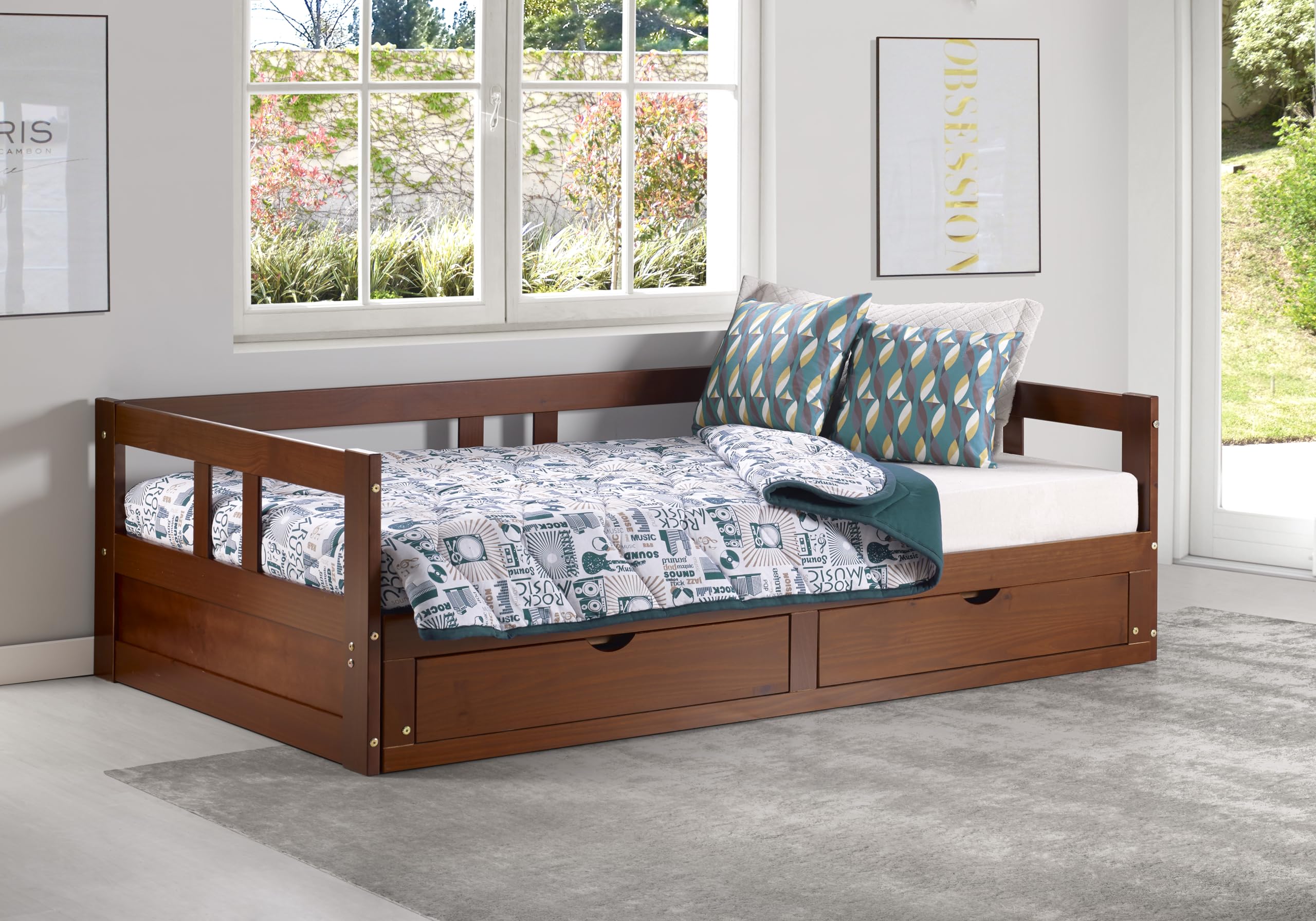 Alaterre Furniture Melody Extendable Daybed Frame with Trundle & Storage Drawers - King Size Brazilian Pine Wood Bed for Kids Bedroom - 200 lb Weight Capacity - Multiple Finish Options - Perfect for Guest Rooms, Dormitories & Small Spaces