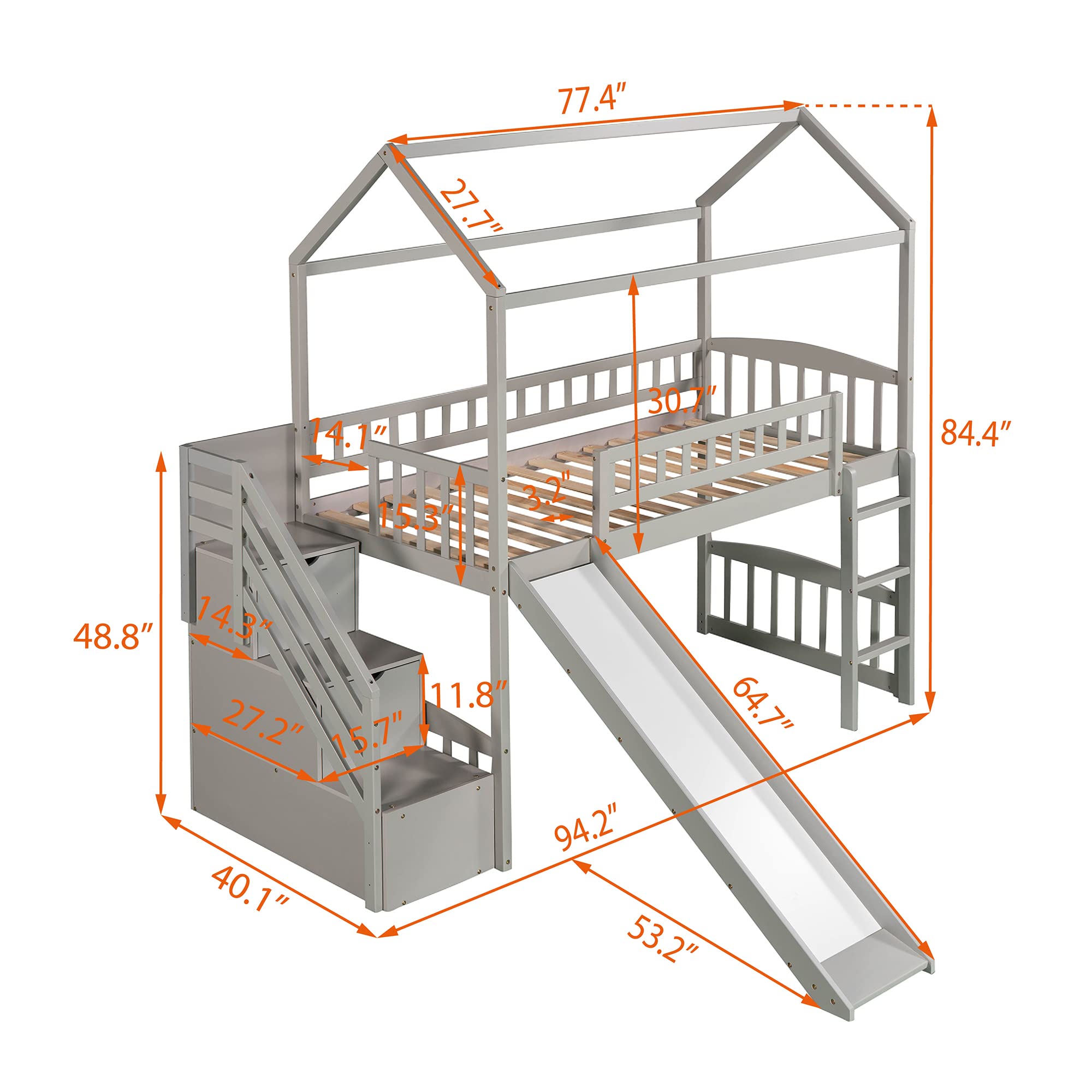Wooden Twin Loft Bed with Stairs and Slide - Kids Playhouse Bed with Storage Drawers for Boys & Girls - No Box Spring Needed (Twin Size, Gray) - Perfect for Small Bedrooms, Playrooms & Kids' Sleepovers