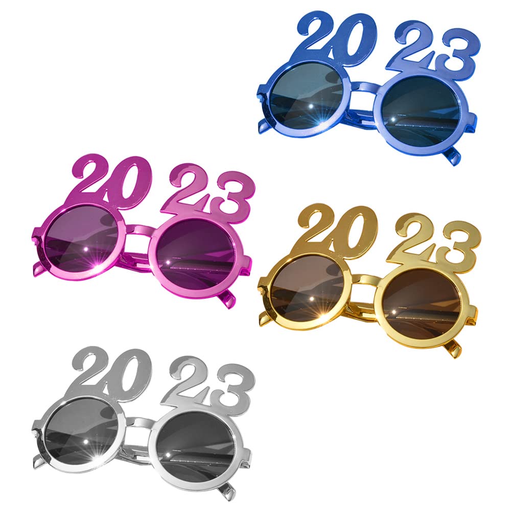 LUOZZY 4 Pairs 2023 New Year Party Glasses - Fun Photo Prop Sunglasses & Eyeglass Frames for NYE Celebrations, Costume Parties & Festive Events