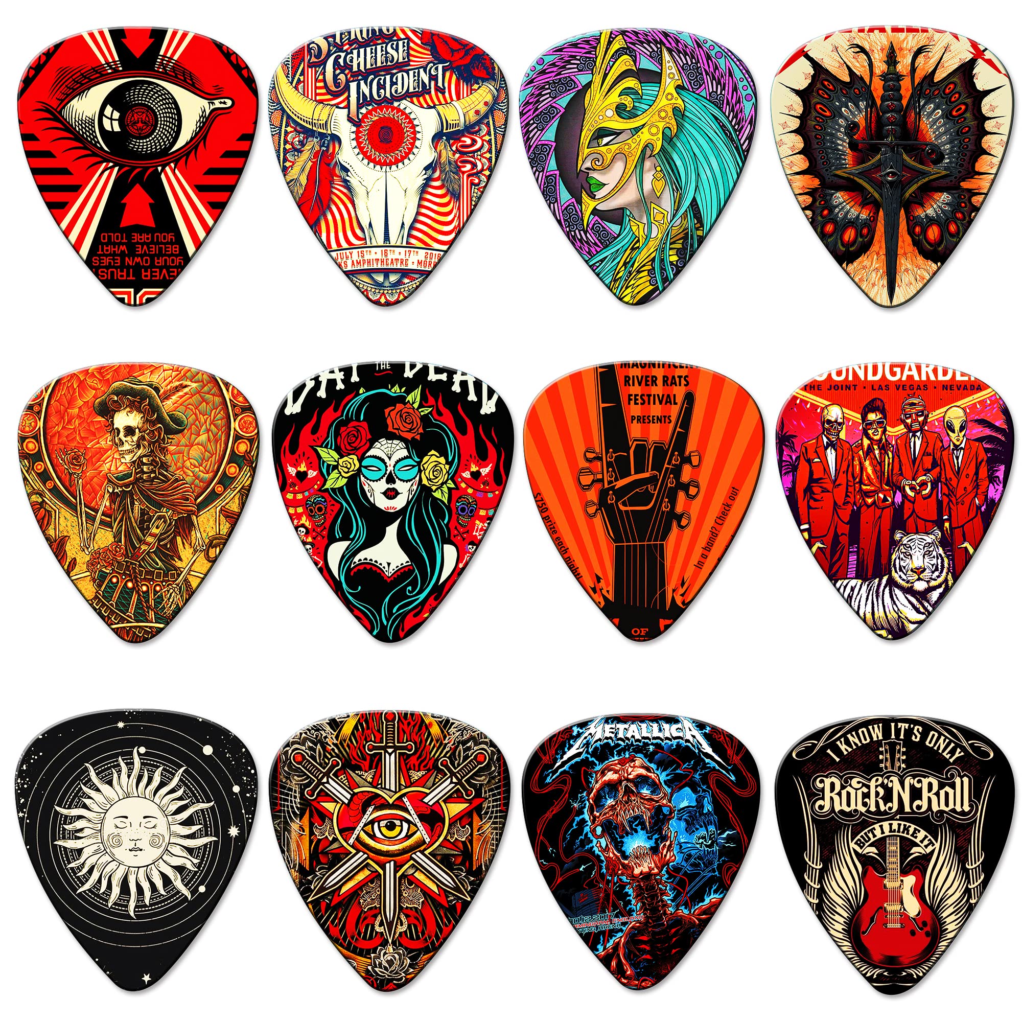 24 Pack Guitar Picks Variety Set - Thin, Medium, Heavy & Extra Heavy Celluloid Picks with Tin Box for Acoustic, Electric & Bass Guitar - Perfect Gift for Musicians & Music Lovers - Ideal for Practice, Recording & Live Performances