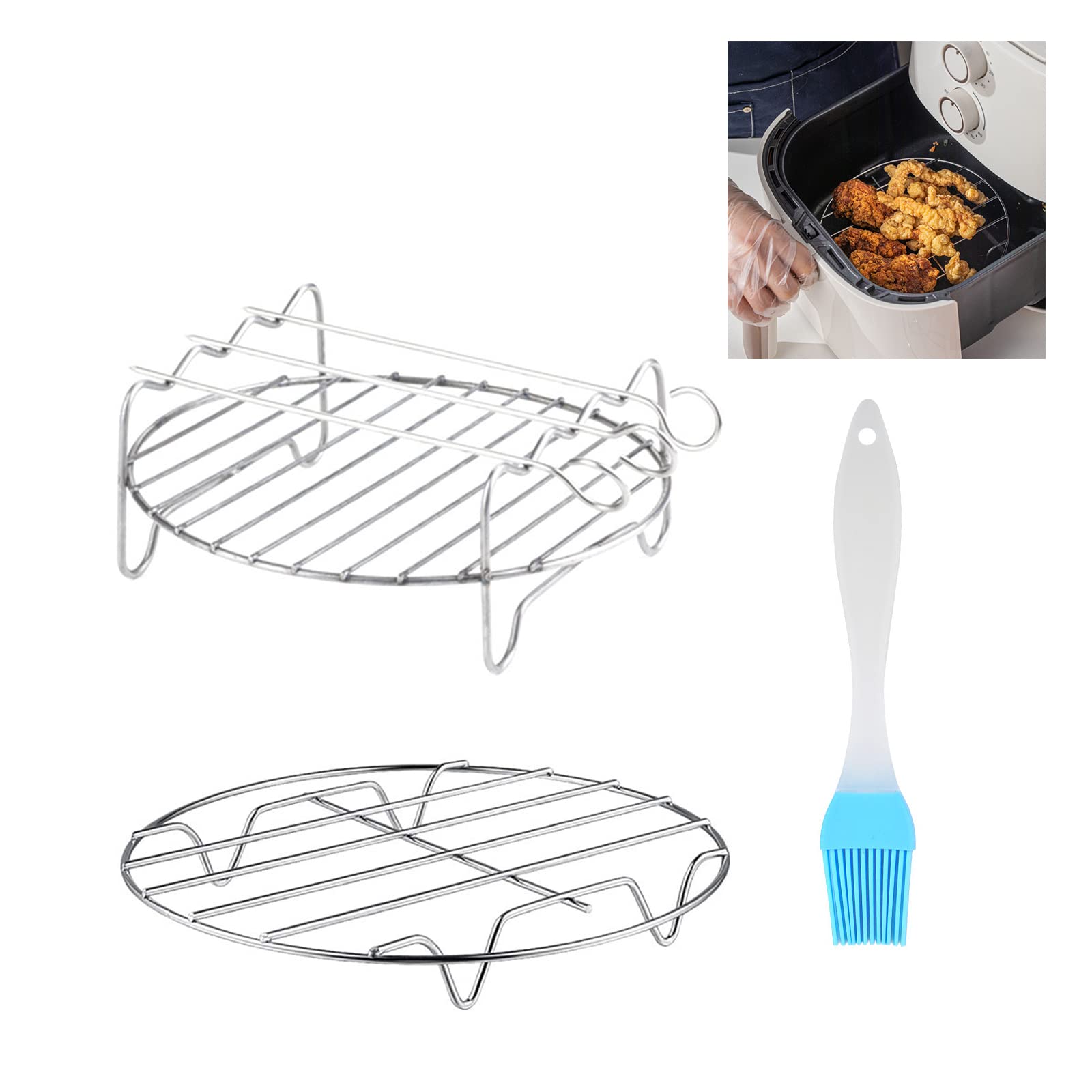 LFDecor 7 Inch Air Fryer Rack Set of 3 - Stainless Steel Double Layer Rack with Skewers & Silicone Brush - Multi-Purpose Cooking Accessories for Air Fryers - Perfect for Roasting, Baking, and Grilling Chicken, Vegetables, and More