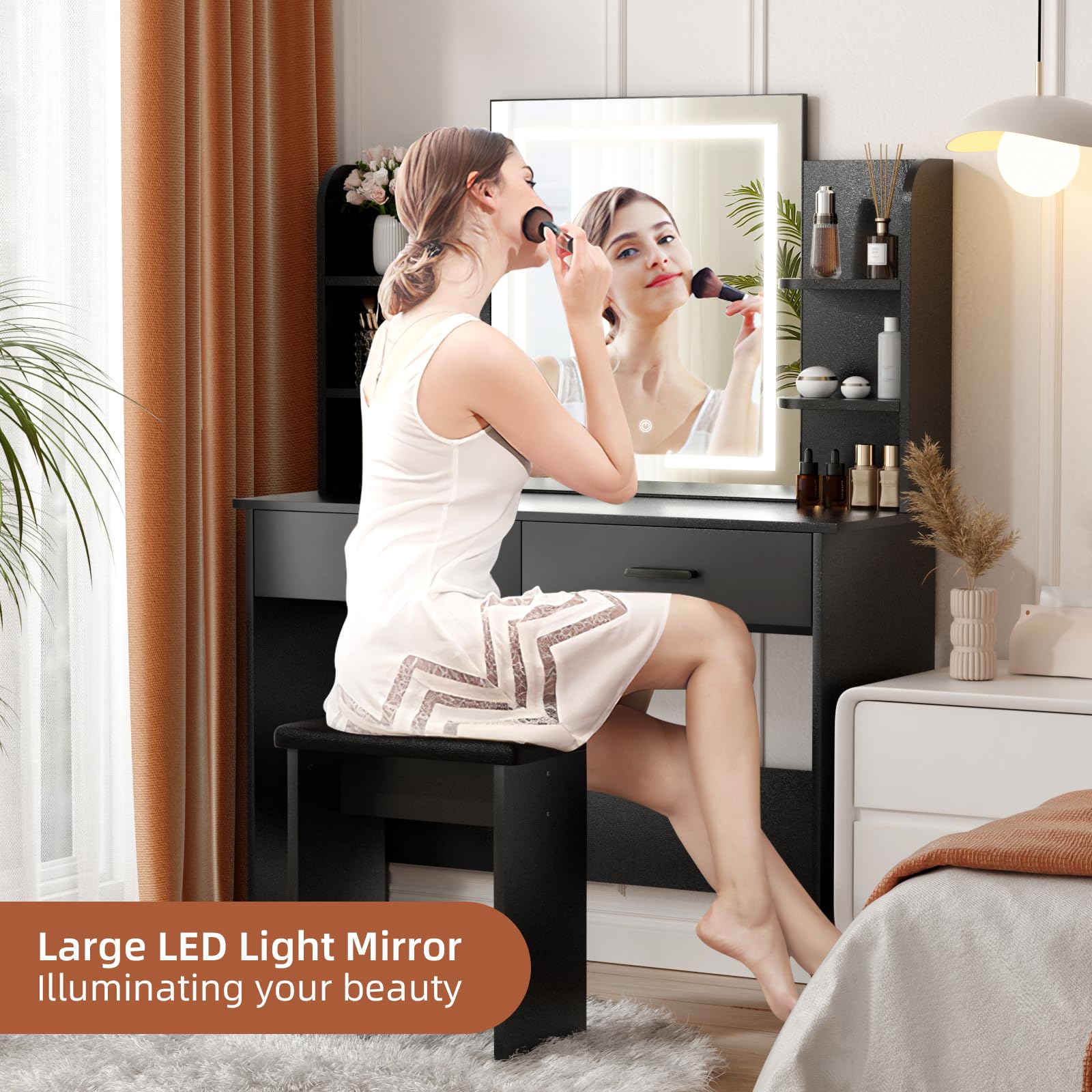 SMOOL Vanity with LED Lighted Mirror - Makeup Vanity Desk with 3 Color Lighting Modes & Adjustable Brightness, Vanity Table with Storage Shelves, Drawers & Stool - Perfect for Bedroom, Dressing Room & Beauty Salon