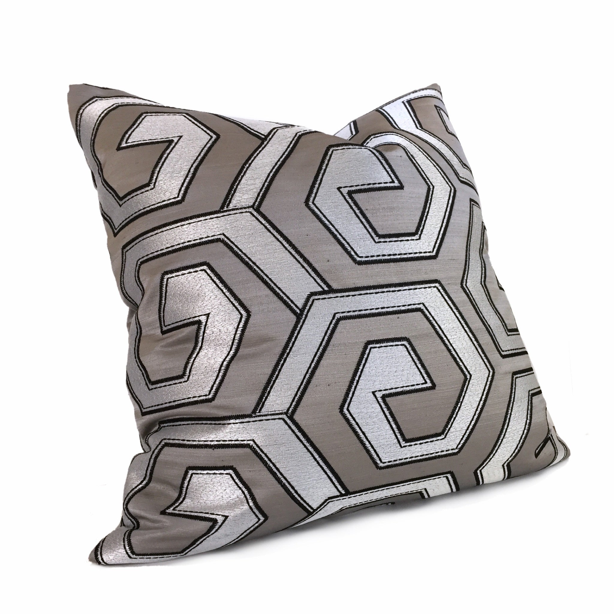 Two-Tone Silver Pewter Gray Embroidered Geometric Pillow Cover - Modern Home Decor for Living Room, Bedroom & Sofa