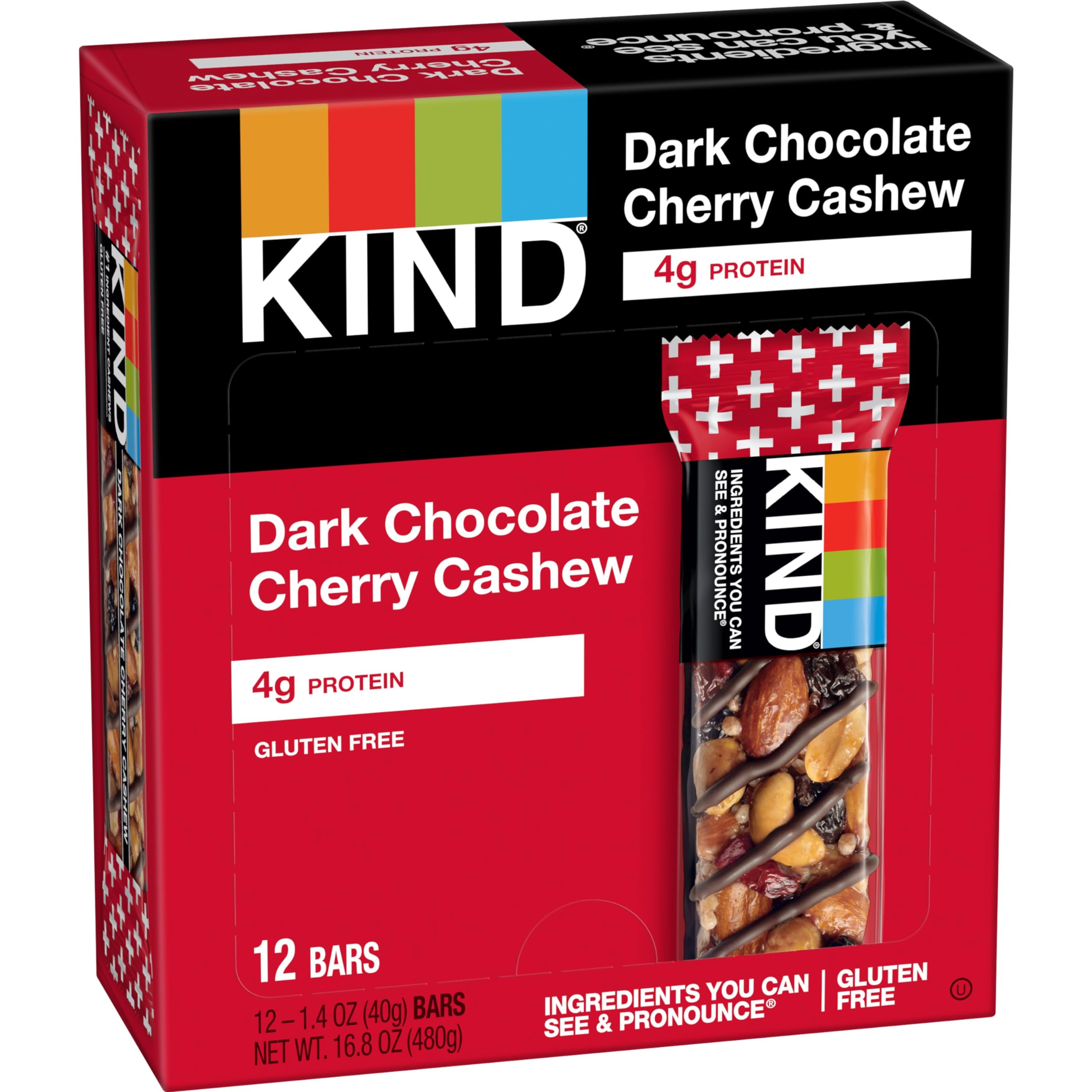 KIND Bars, Dark Chocolate Cherry Cashew - Healthy Gluten Free Snack Bars (12 Count) | On-the-Go Nutrition for Work, Hiking & Travel