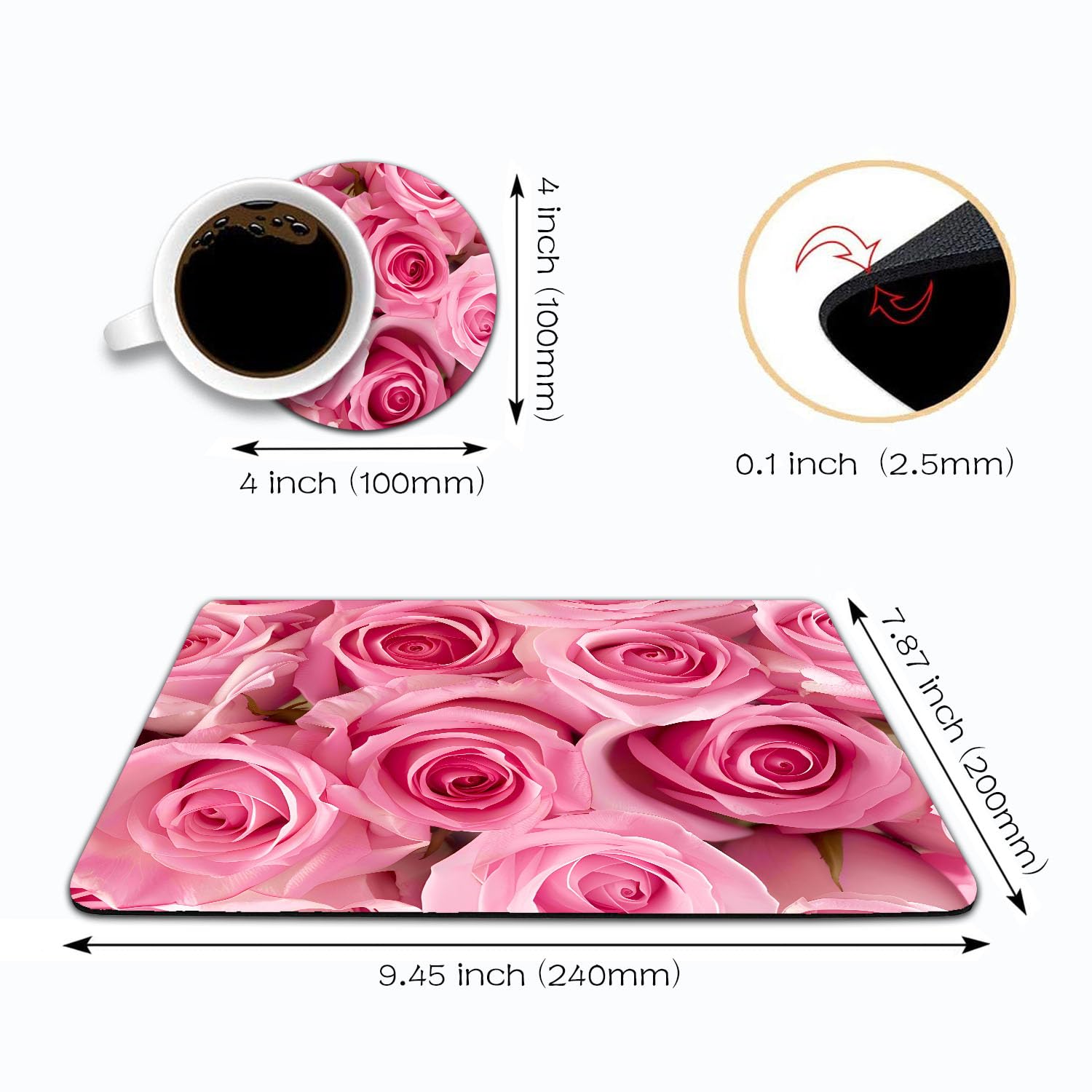 Pink Roses Mouse Pad and Coasters Set - Non-Slip Rubber Base Rectangle Mouse Pad for Laptop, Computer & Office Accessories | Perfect for Home, Office & Gaming Setup