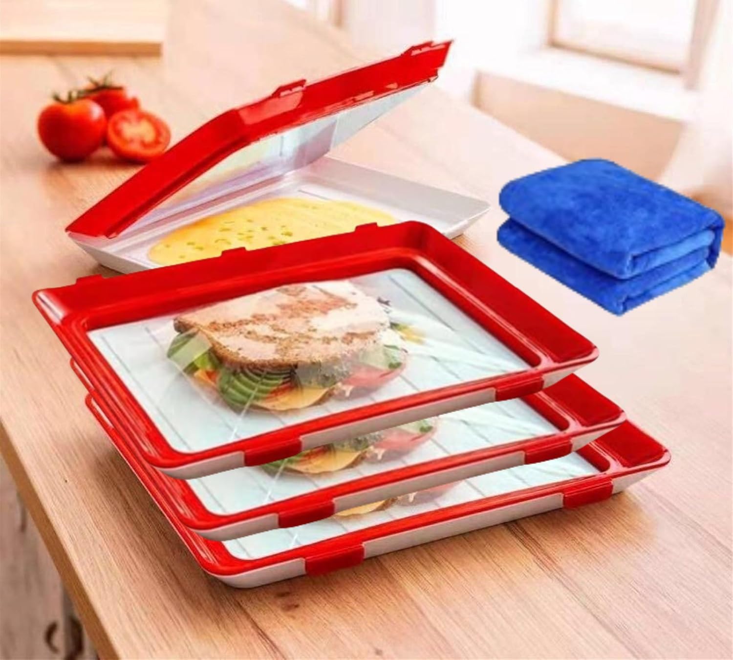 Reusable Airtight Food Storage Containers Set of 3 - BPA-Free Plastic Food Preserving Trays for Fruits, Vegetables & Meal Prep - Fridge & Freezer Safe Kitchen Organizers (Red) - Perfect for Meal Prep, Leftovers & Refrigerator Organization