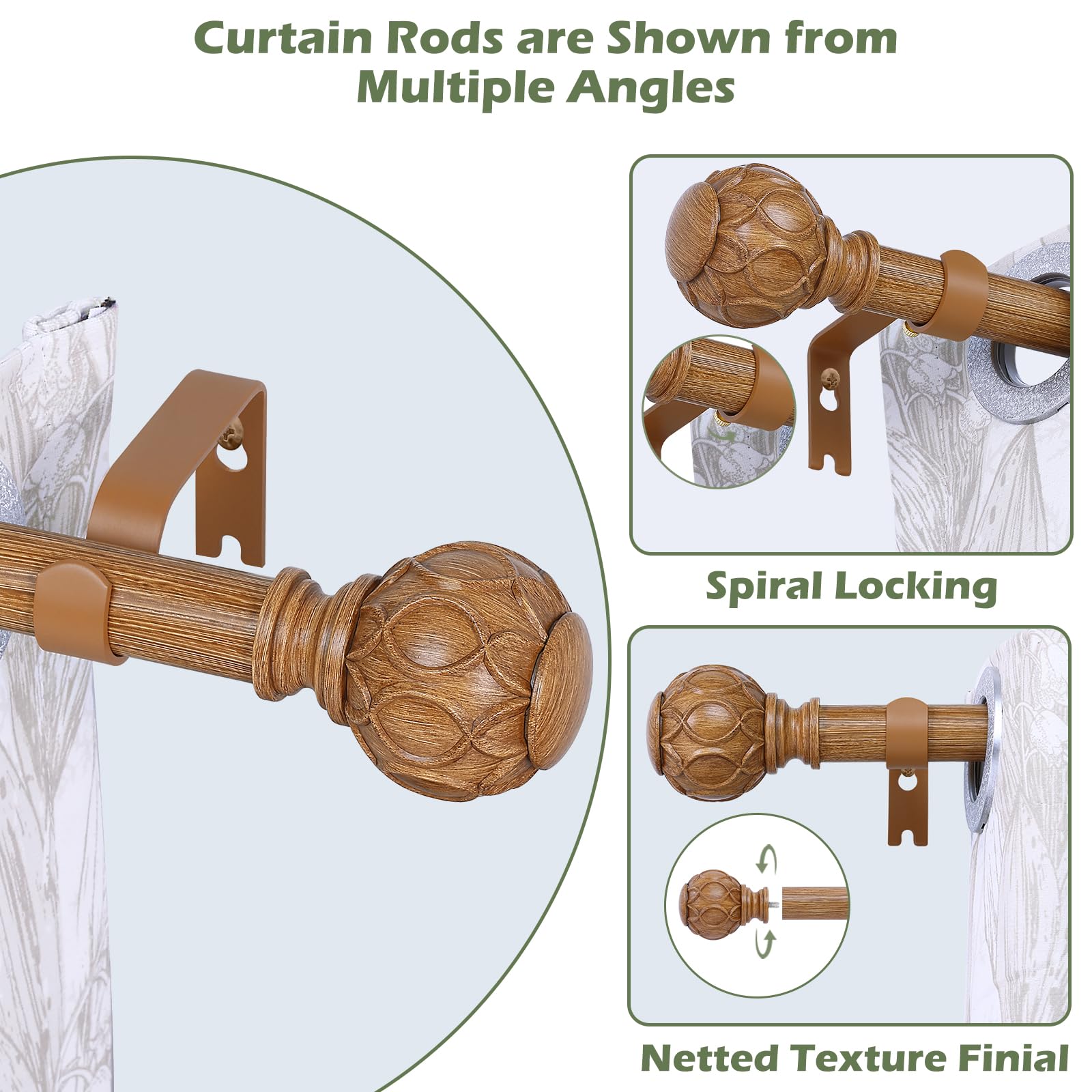 Adjustable Wooden Curtain Rods 66-120 Inch - 1 Inch Thick Rustic Farmhouse Window Drapery Rods, Heavy Duty Decorative Wood Grain Curtain Rod for Living Room, Bedroom & Home Decor