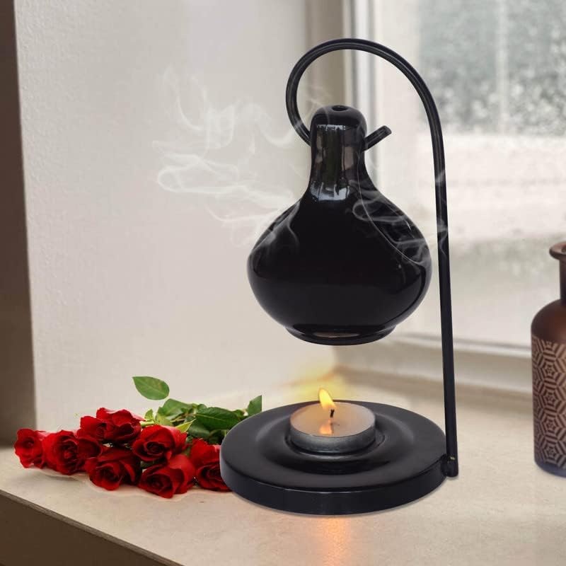 Pure Source India Ceramic Aroma Oil Diffuser Hanging Burner - 4 x 8 Inch Black Home Fragrance Decor | Essential Oil Warmer for Bedroom, Yoga Studio & Spa Gift