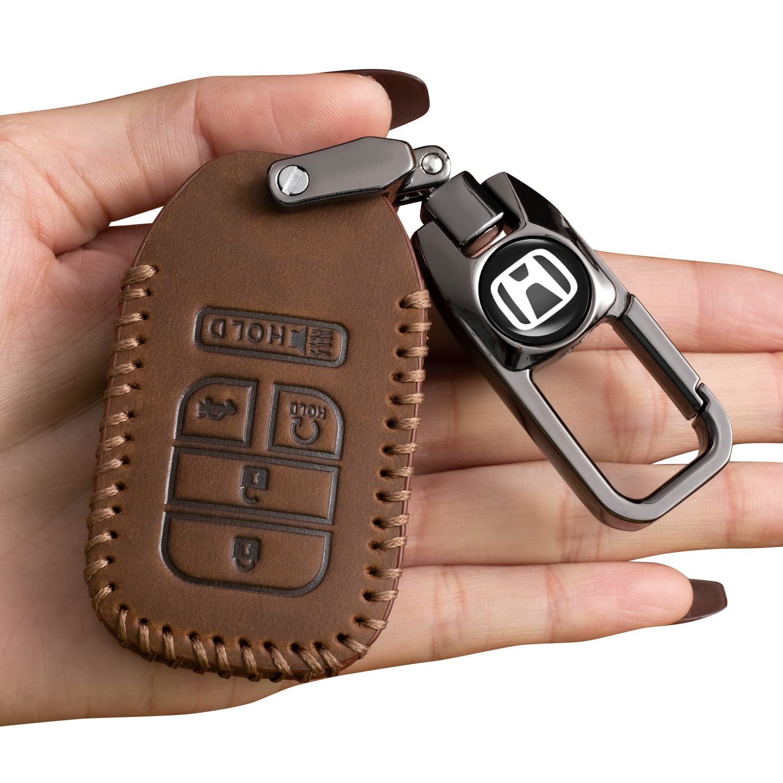 Genuine Leather Car Key Fob Cover Case for Honda Accord Civic Fit Pilot Odyssey - 4 Button Remote Key Protector with Keychain | Premium Key Holder Accessories for Smart Keys (Perfect for Daily Use & Travel)