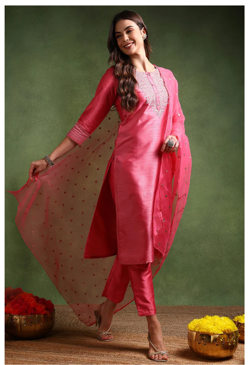 Elegant Pink Poly Silk Kurta Set for Women | Traditional Indian Ethnic Wear | Perfect for Festivals, Weddings & Parties