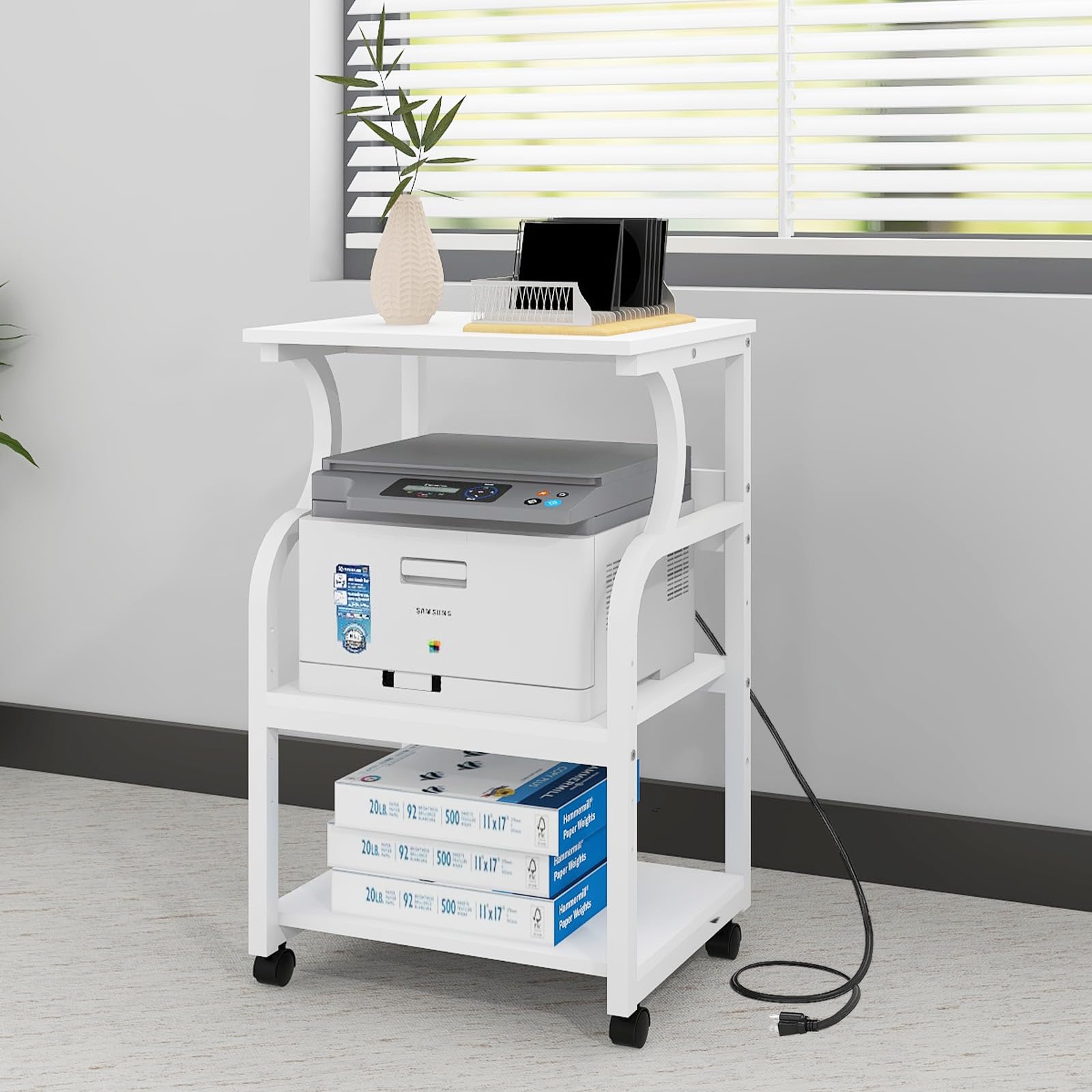 Natwind 3-Tier Adjustable Rolling Printer Stand with Storage Shelf - Mobile Printer Cart with Wheels for Home Office, Heat Press & 3D Printer Organization - Perfect for Small Spaces & Craft Rooms (White)