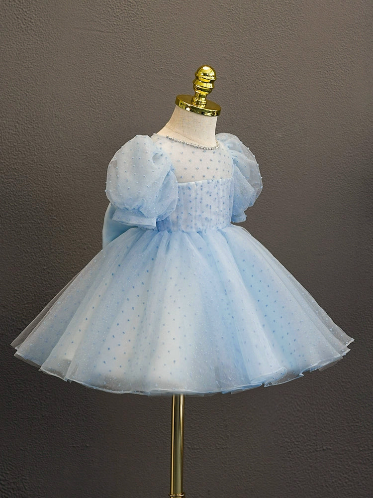 Royal Blue Princess Round Neck Tea-Length Tulle Flower Girl Dress for Weddings & Special Occasions