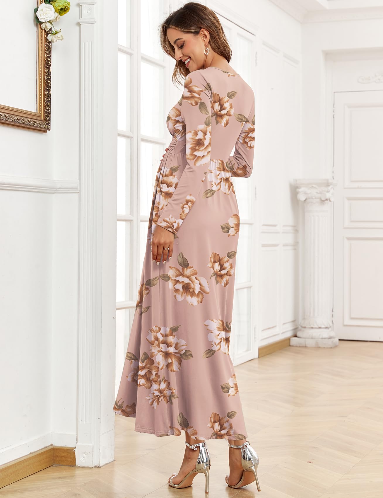 2025 Women's Maternity Maxi Dress - Long Sleeve Wrap V-Neck Pregnancy Dress with Pockets for Baby Shower, Photoshoot & Formal Occasions | Comfortable Nursing Dress for Expecting Mothers