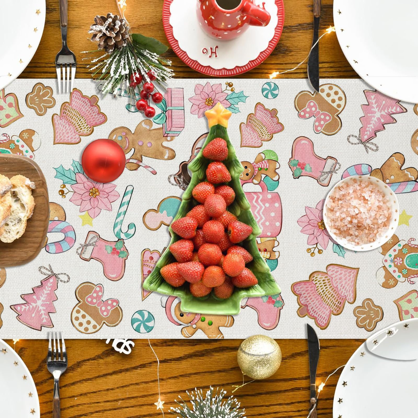 Gingerbread Christmas Table Runner - Holiday Winter Xmas Decor for Home, Party & Dining Table - Festive Seasonal Decorations for Christmas Dinner & New Year Celebrations