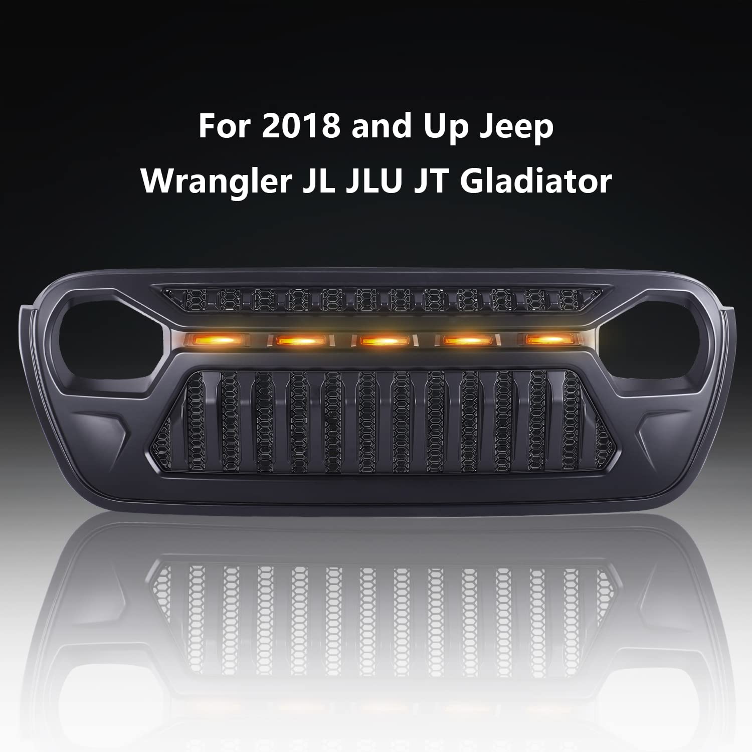 2018+ Jeep Wrangler JL/JLU & Gladiator JT Matte Black Mesh Grille Front Cover with Amber LED Running Lights | Off-Road Protection & Style Upgrade