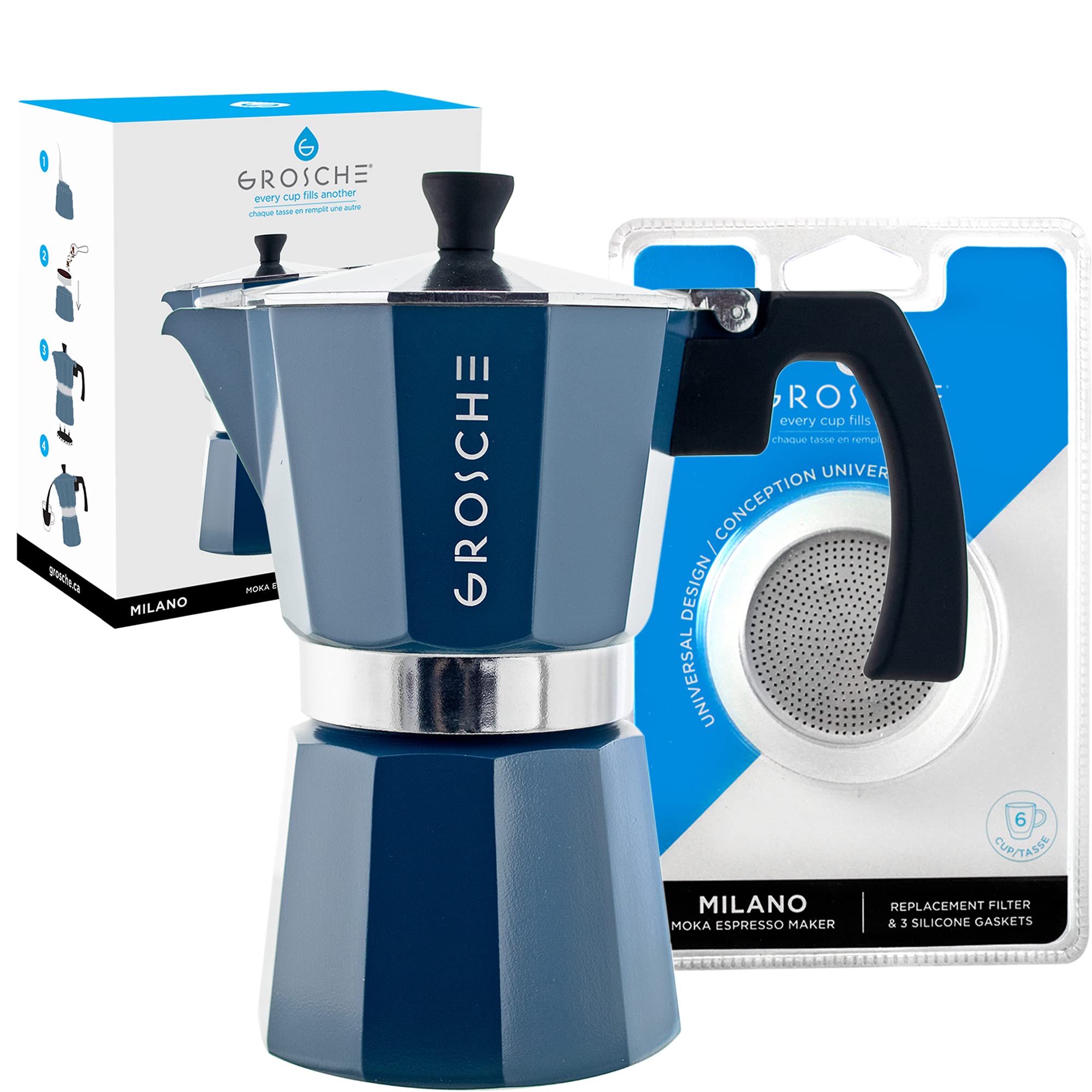 GROSCHE Milano Stovetop Espresso Maker - 6 Cup Moka Pot (9.3 oz) with 3 Replacement Seals - Italian Coffee Maker for Home & Camping - Perfect for Espresso, Latte & Cappuccino - Blue