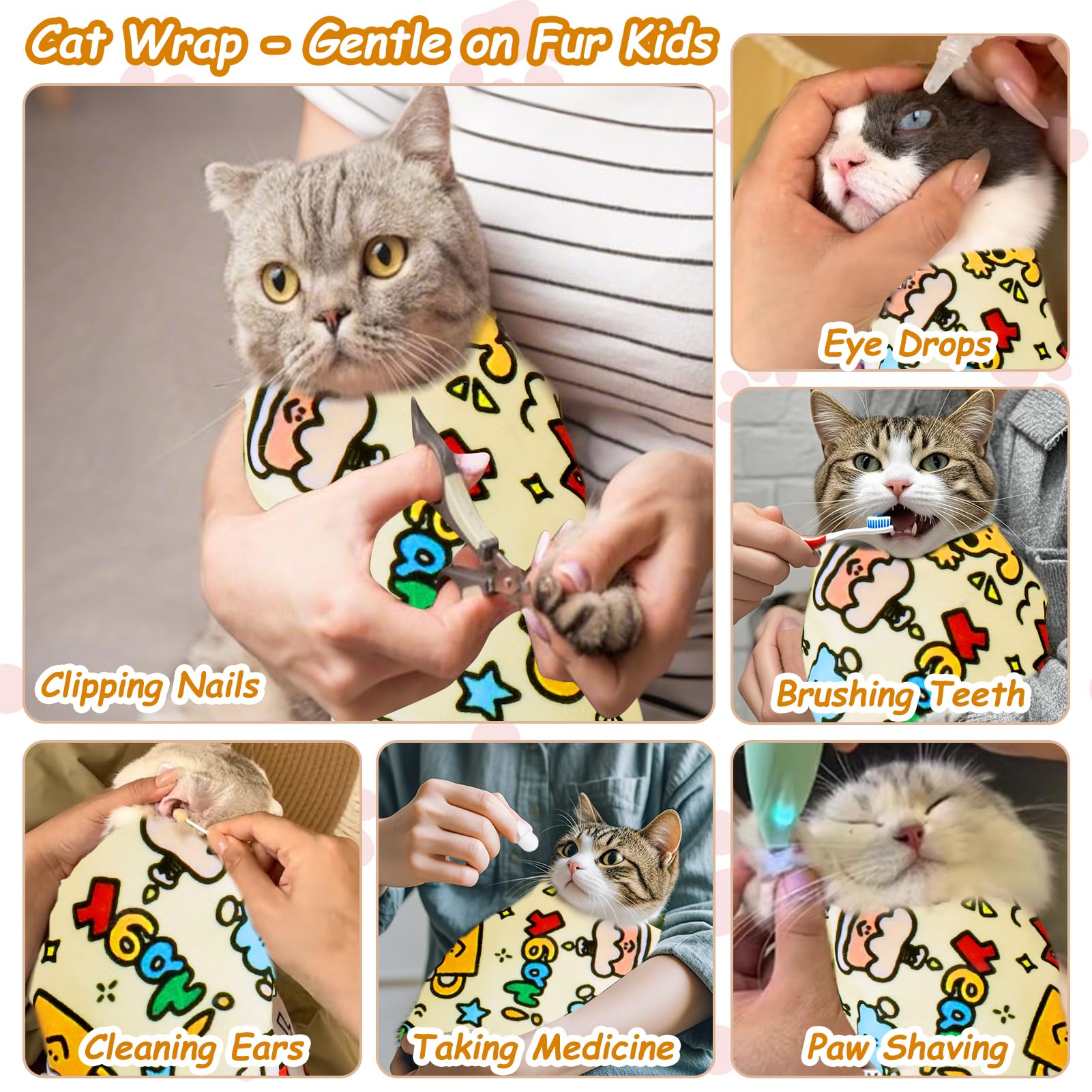 BABORUI Self-Adhesive Cat Grooming Wrap for Nail Trimming - Anti-Scratch Cat Swaddle with Nail Clipper, Soft Pet Restraint Wrap for Stress-Free Grooming - Perfect for Anxious Cats During Vet Visits & Home Nail Care