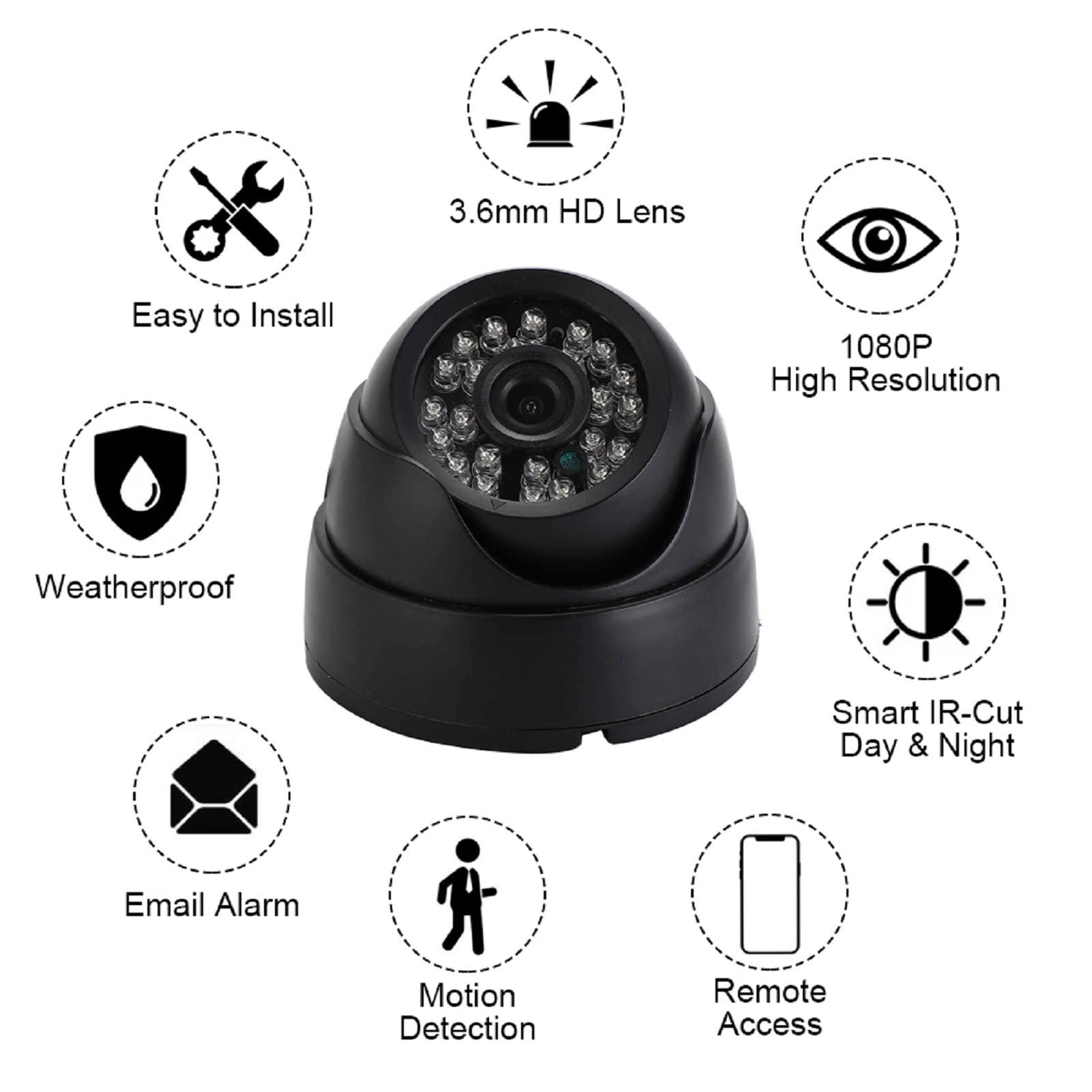 XJYMCOM 24LED Dome Security Camera - 1080P HD Indoor/Outdoor Surveillance with Wide-Angle View & Night Vision - Weatherproof Rotating Camera for Home, Office & Business Security Monitoring (Black)