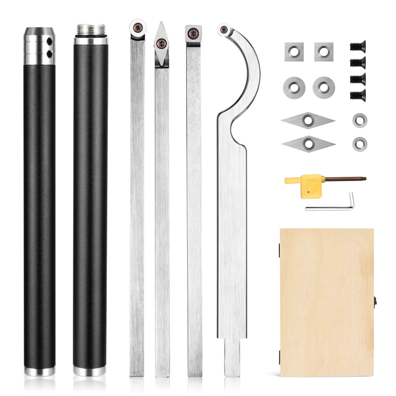 Premium Carbide Lathe Tools Set - Rougher, Finisher, Detailer & Swan Neck Hollower for Wood Turning | Durable Woodworking Chisels with Removable Alloy Handle & 8 Extra Inserts | Perfect for Bowl Making, Furniture Crafting & DIY Wood Projects