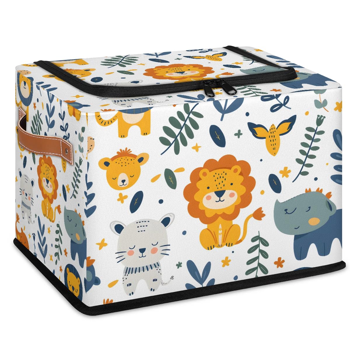 2-Pack Stackable Lion Print Storage Bins with Zipper Lid & Metal Frame - PU Handled Closet Organizer Cubes for Clothes, Toys, Blankets | Bedroom, Nursery, Playroom Storage Solution