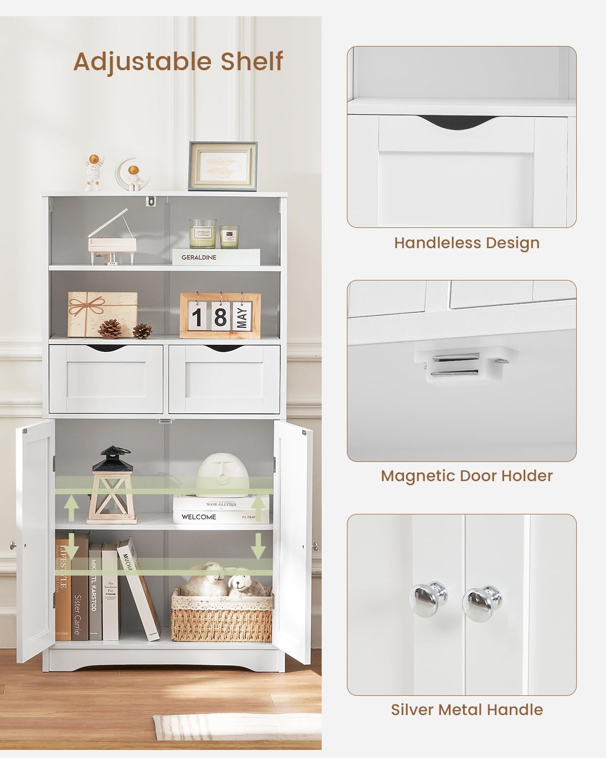 Iwell Tall Bathroom Storage Cabinet with 2 Drawers & Adjustable Shelves - White Bathroom Organizer for Kitchen, Living Room, Dining Room & Entryway - Perfect for Towels, Toiletries & Home Decor Storage