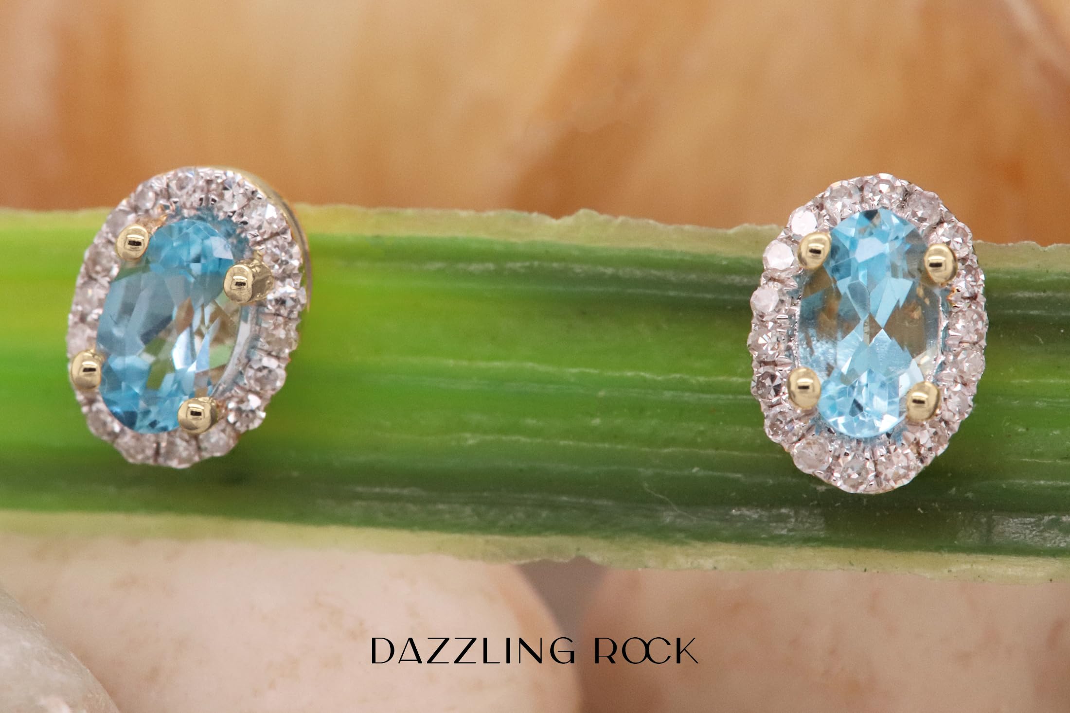 Dazzlingrock 10K Solid Yellow Gold Oval Gemstone & Round White Diamond Halo Stud Earrings for Women | 5x3mm Each | Elegant Jewelry Gift for Anniversary, Birthday & Special Occasions